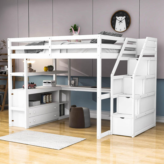 Full Loft Bed with Desk and Stairs, Storage for Kids, Adults - [Wooden]