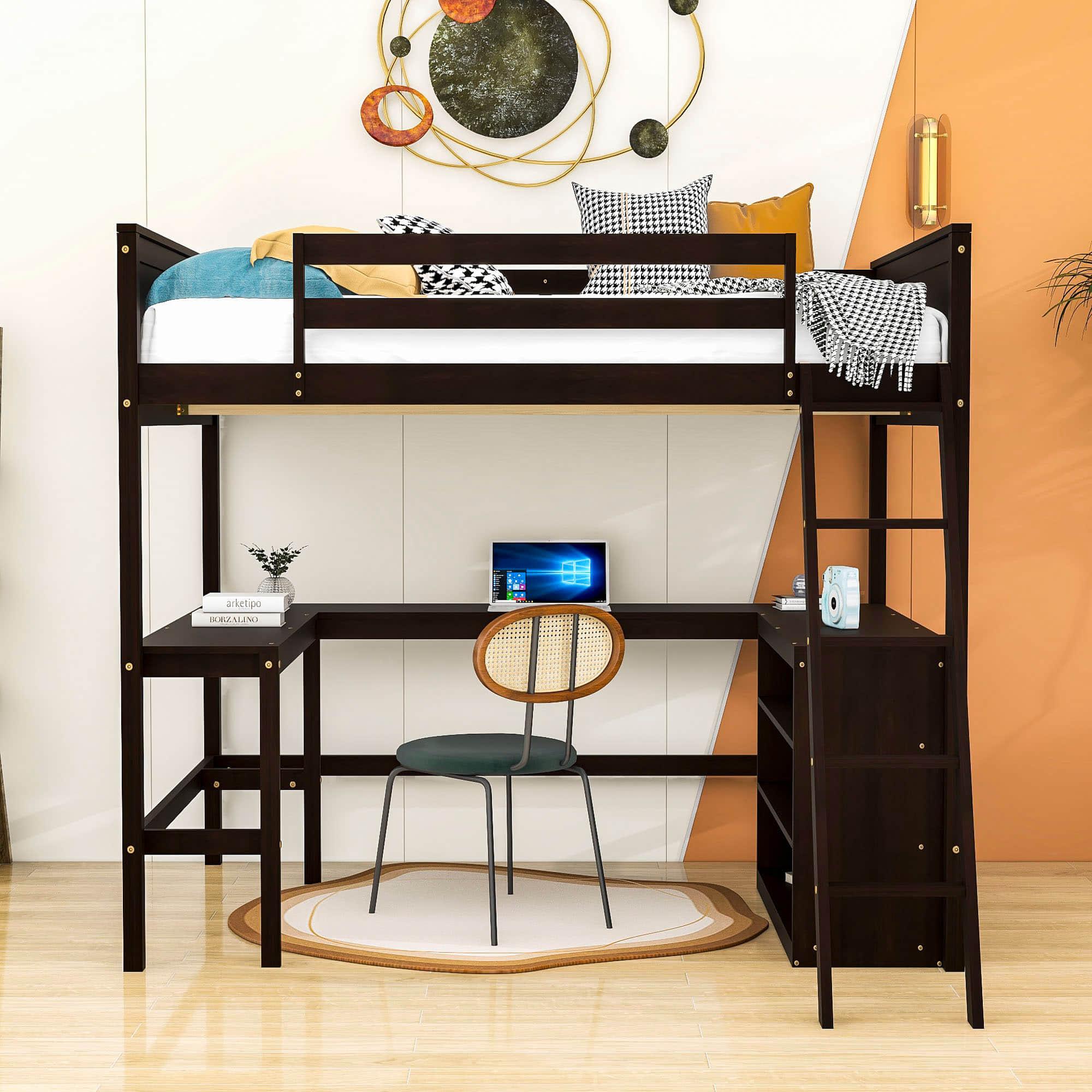 Full Size Convertible High Loft Bed with Desk and Shelves - [Cabinet, Wood]