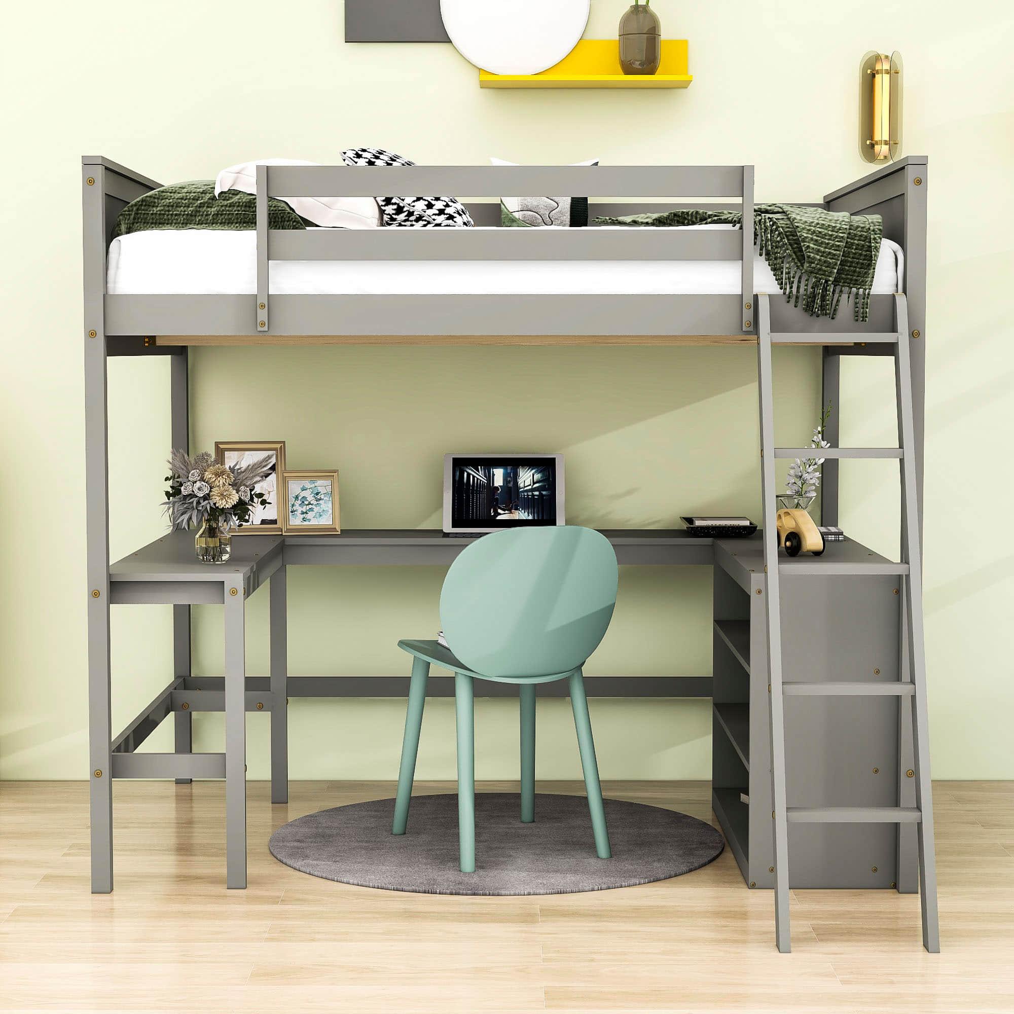 Full Size Convertible High Loft Bed with Desk and Shelves - [Cabinet, Wood]