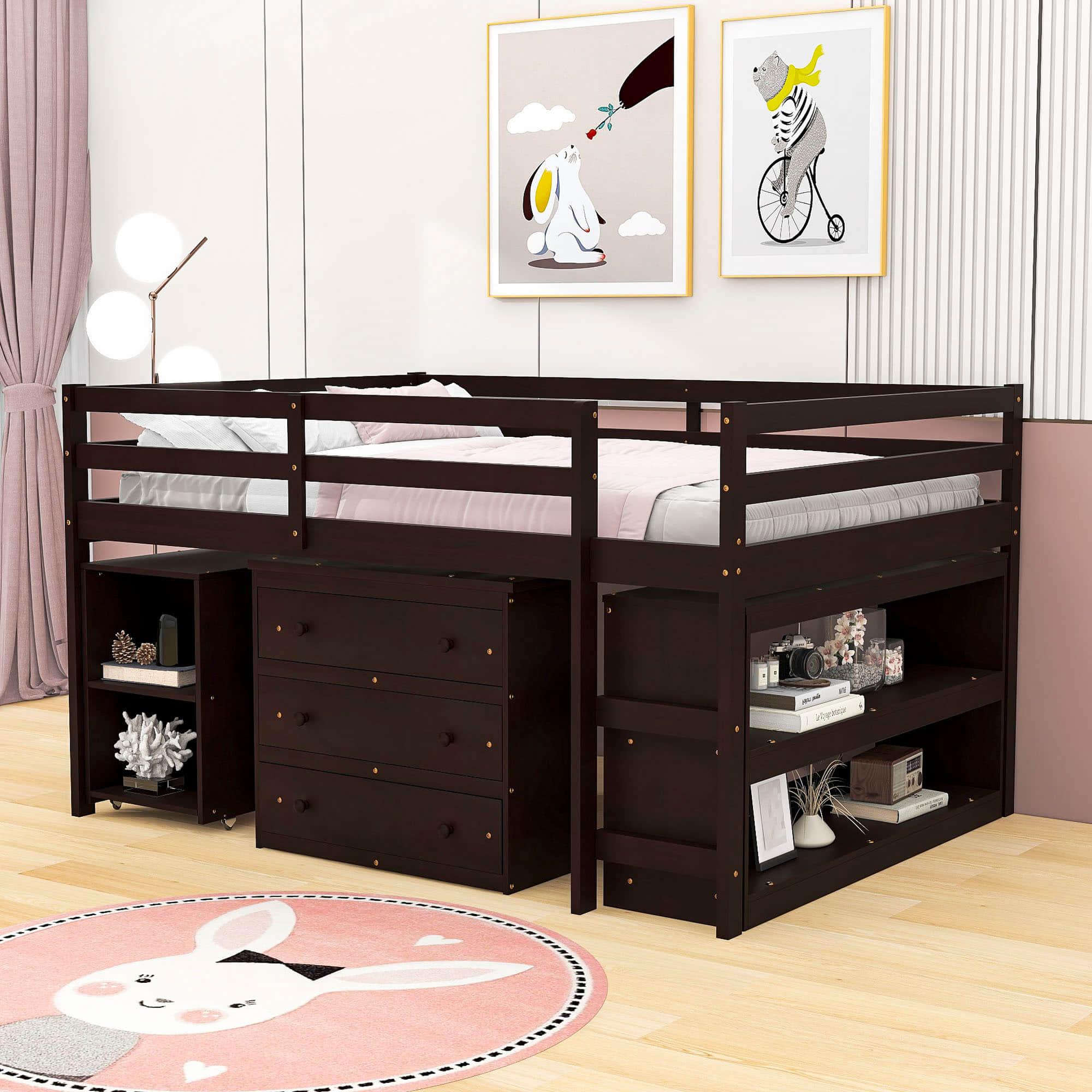 Montessori Full Low Loft Bed with Desk and Storage for Kids - [Shelves, Dresser, Drawers, Ladder, Wood]