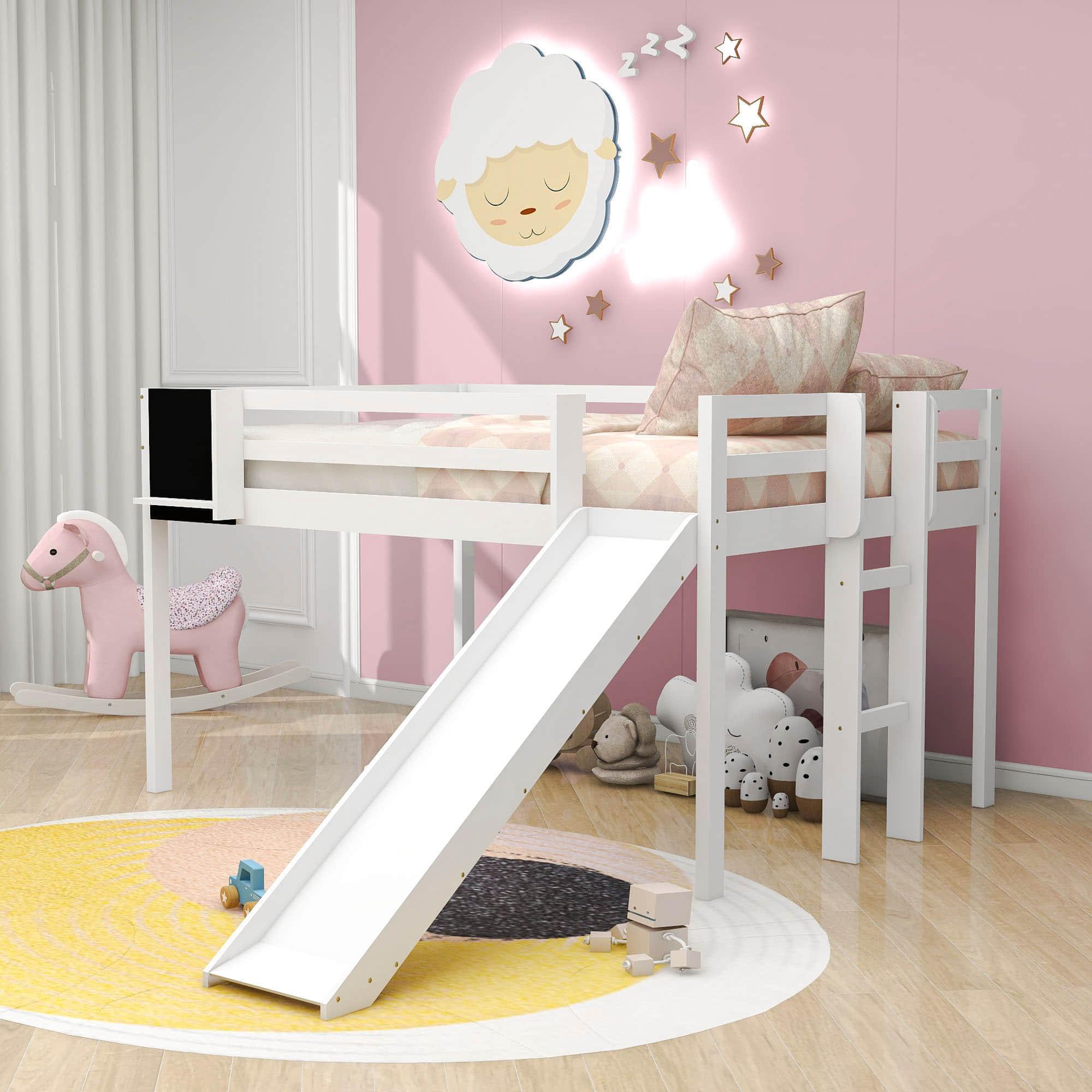 Full Size Scandinavian Convertible Low Loft Bed with Slide and Chalkboard for Kids - [Ladder, Wood]