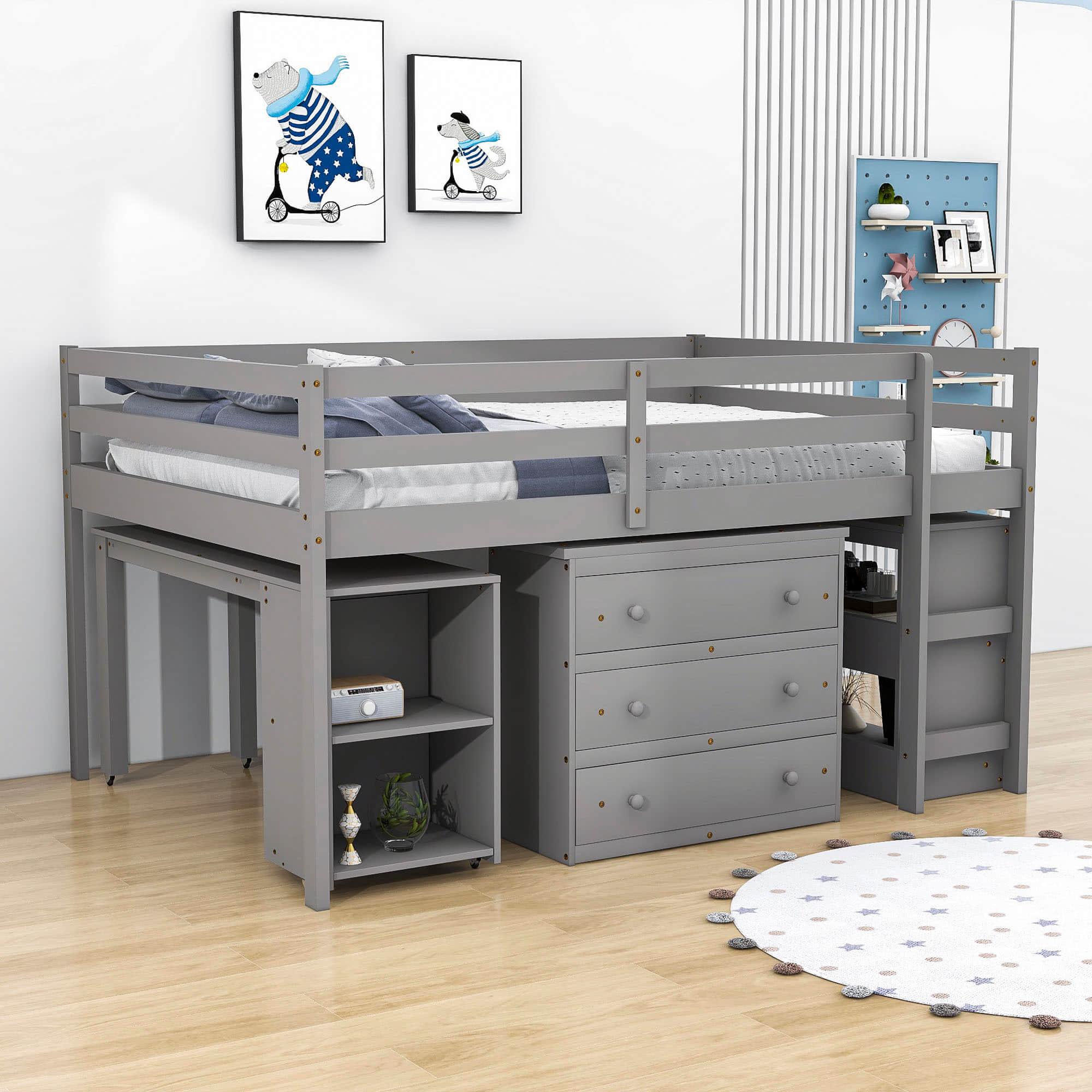 Montessori Full Low Loft Bed with Desk and Storage for Kids - [Shelves, Dresser, Drawers, Ladder, Wood]