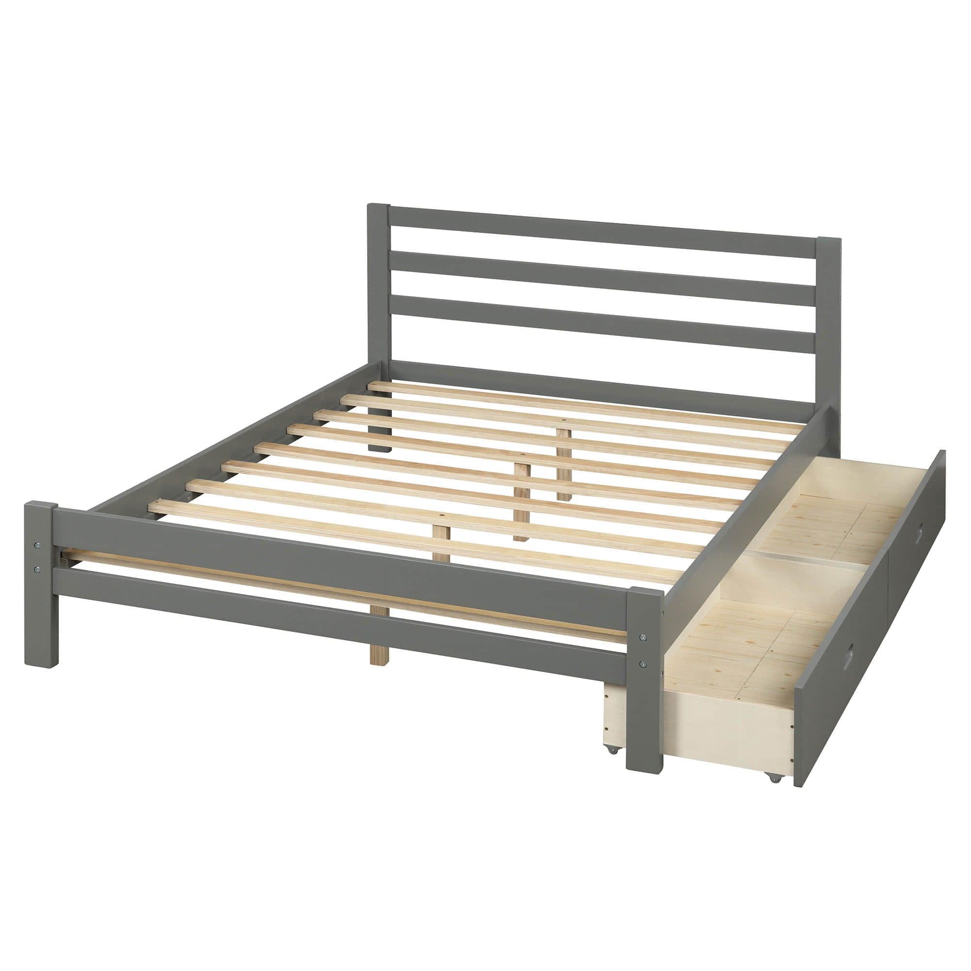 Full Size Wooden Platform Bed with Storage Drawers and Headboard