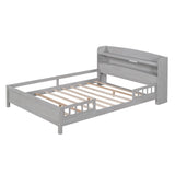 Wood Full Low Kids Platform Bed Frame with Rails and Storage Headboard