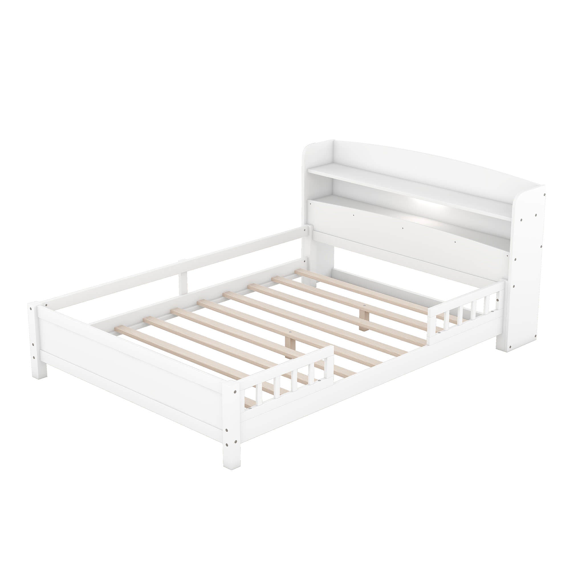 Wood Full Low Kids Platform Bed Frame with Rails and Storage Headboard