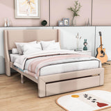 Velvet Upholstered Full Size Platform Bed with Headboard and Storage - [Drawer]