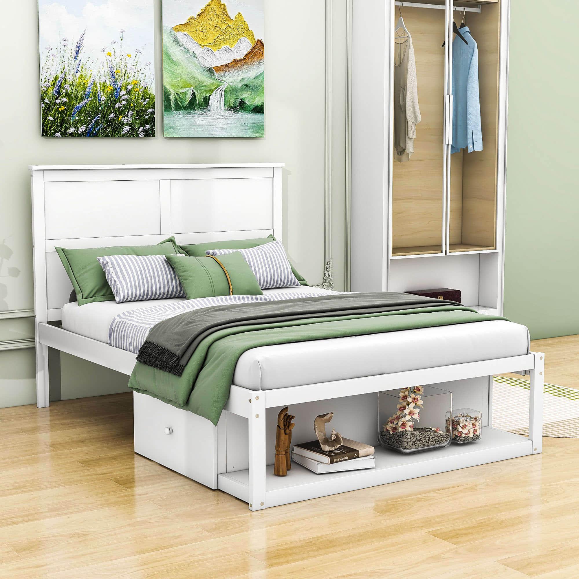 Wooden Full Size Platform Bed with Storage - [Drawers, Shelf]