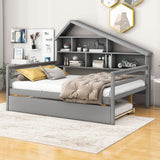 Full Size Platform Daybed with Trundle and Shelves - [Storage, Bookshelf, Wood]