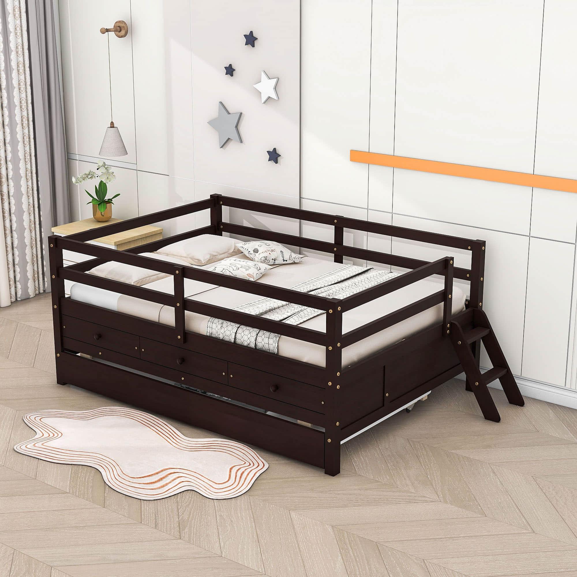 Solid Wood Low Full Size Kids Bed with Trundle and Storage - [Drawers, Rails]