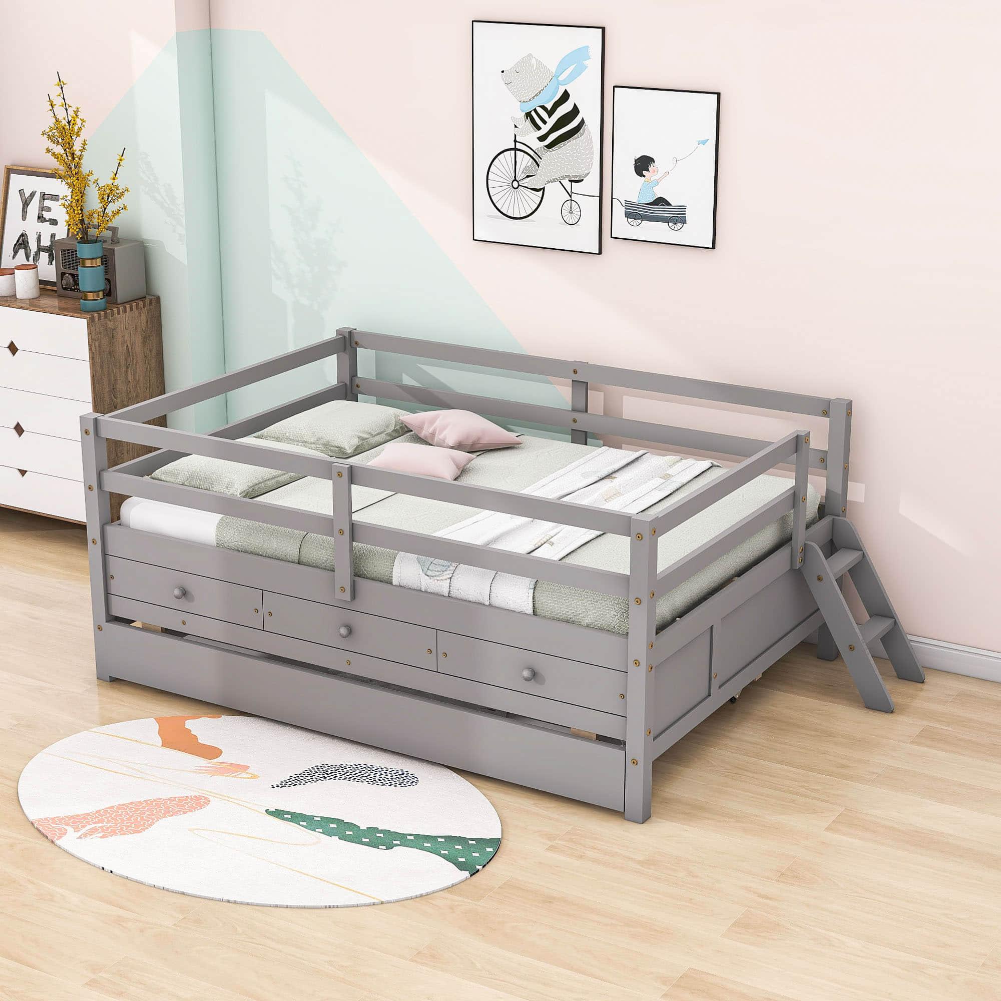 Solid Wood Low Full Size Kids Bed with Trundle and Storage - [Drawers, Rails]