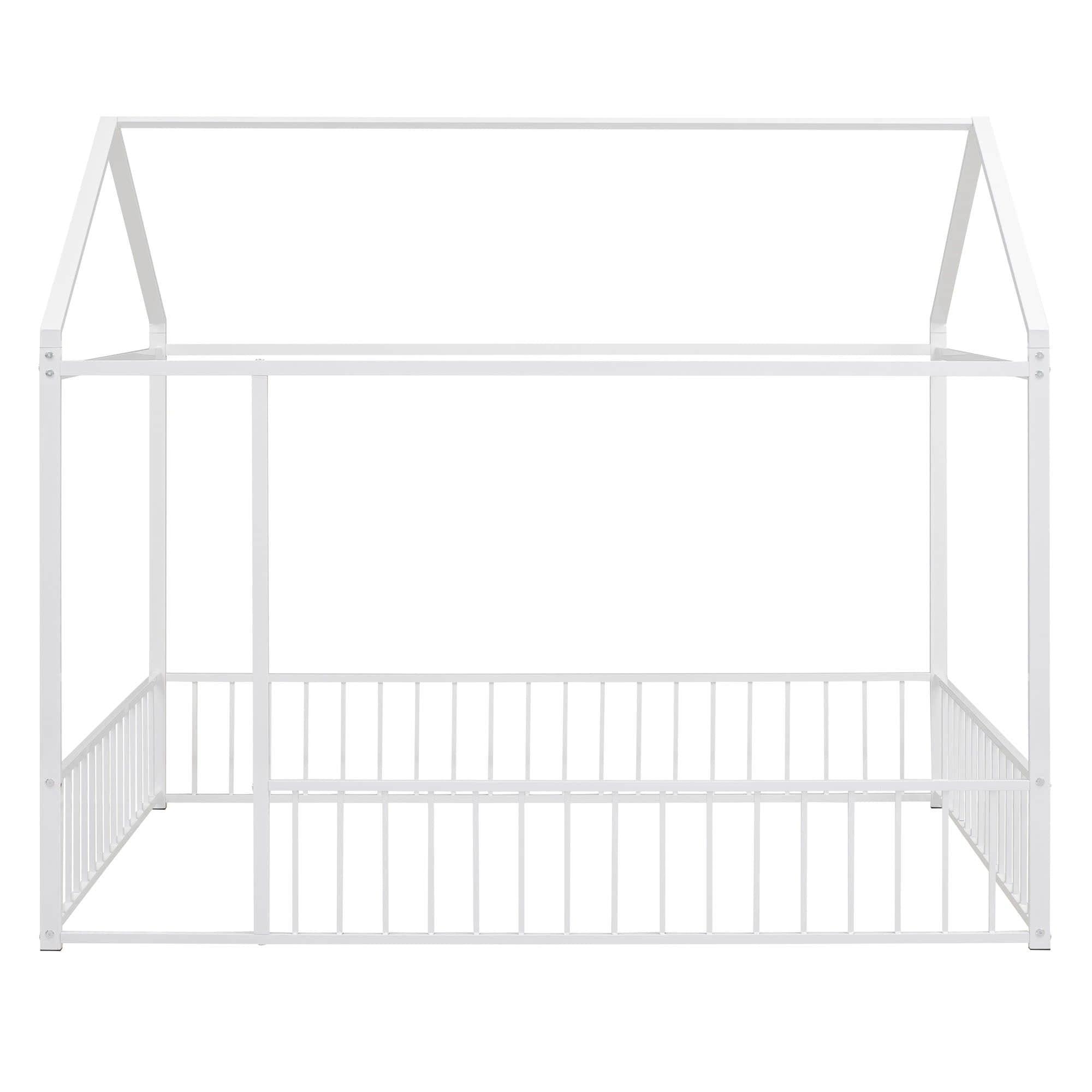 Full Size Metal House Toddler Floor Bed with Rails for Boys and Girls