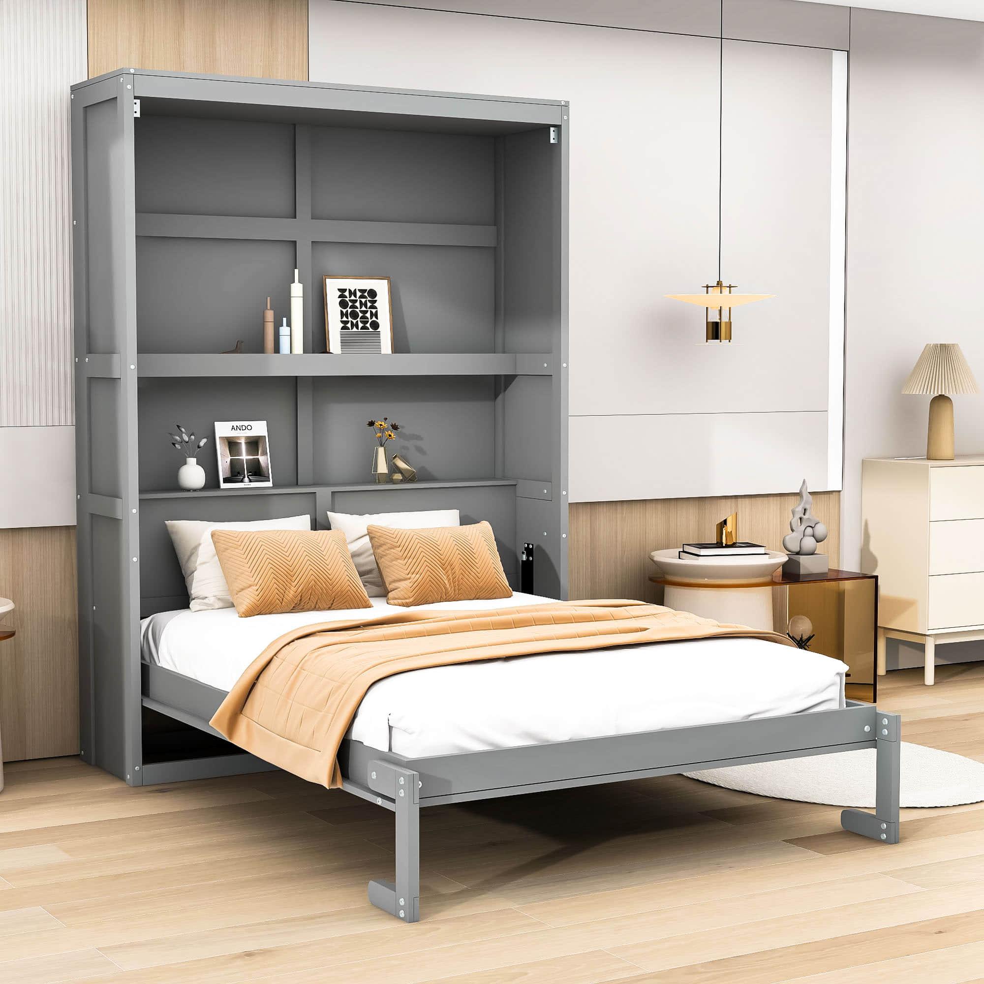 Full Size Murphy Bed Wall Bed with Shelves - [Wood, Vertical]