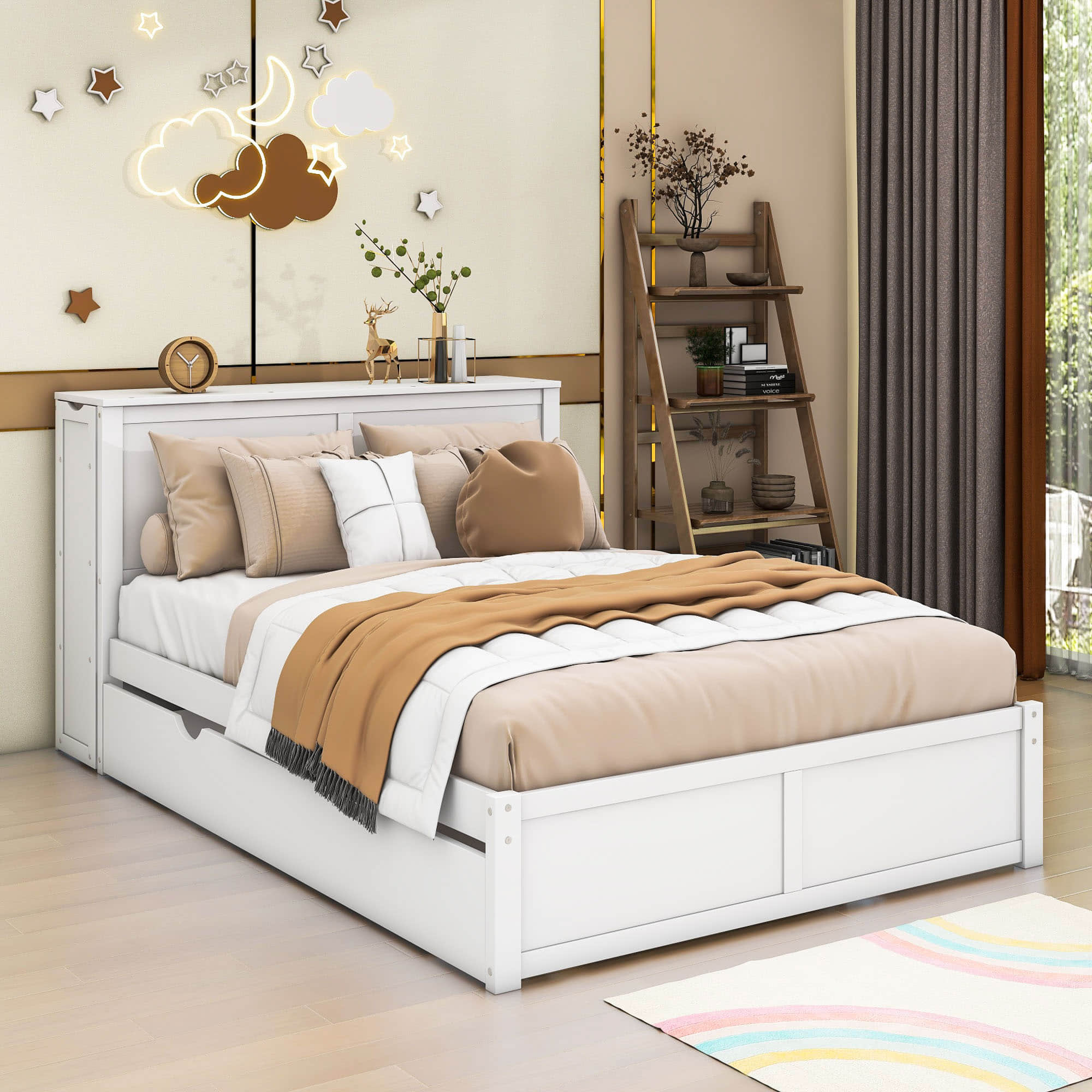 Full Platform Bed Frame with Pull Out Shelves and Twin Trundle