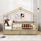 Full Size Wood House Toddler Bed Frame with Rails and Storage