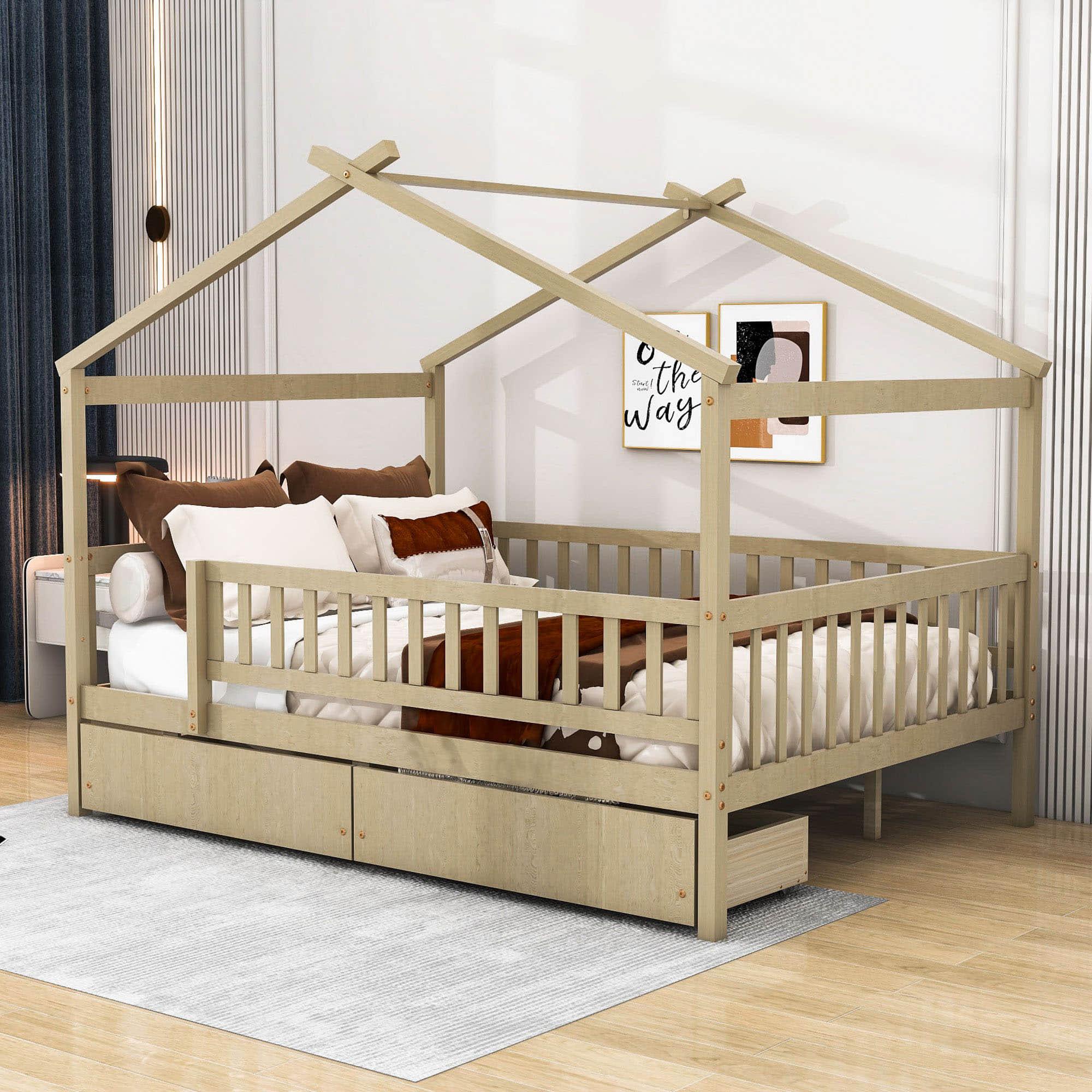 Full Size Wood House Toddler Bed Frame with Rails and Storage