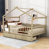 Full Size Wood House Toddler Bed Frame with Rails and Storage