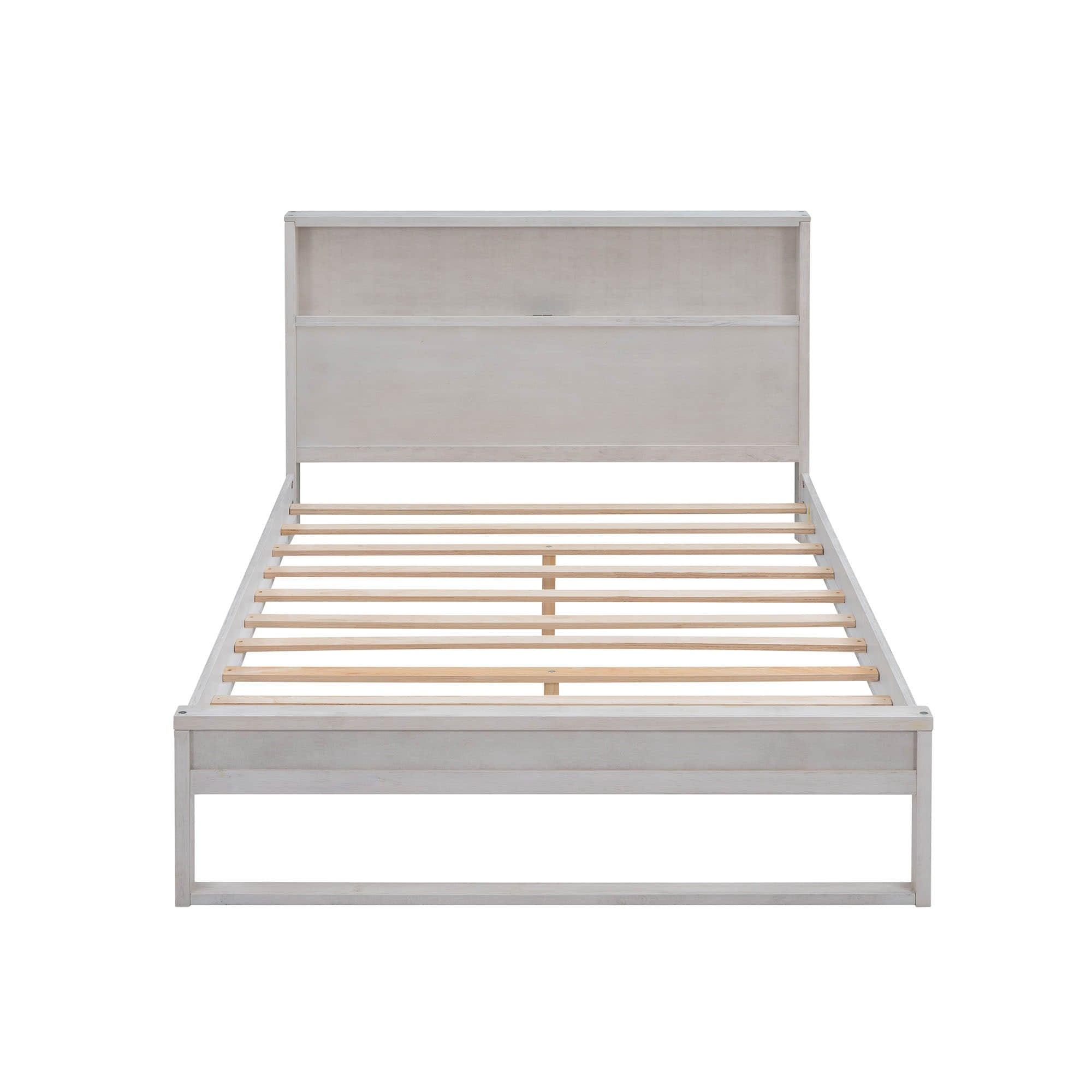 Rustic Farmhouse Full Size Smart Platform Bed with Storage Headboard - [Sockets, USB Ports]