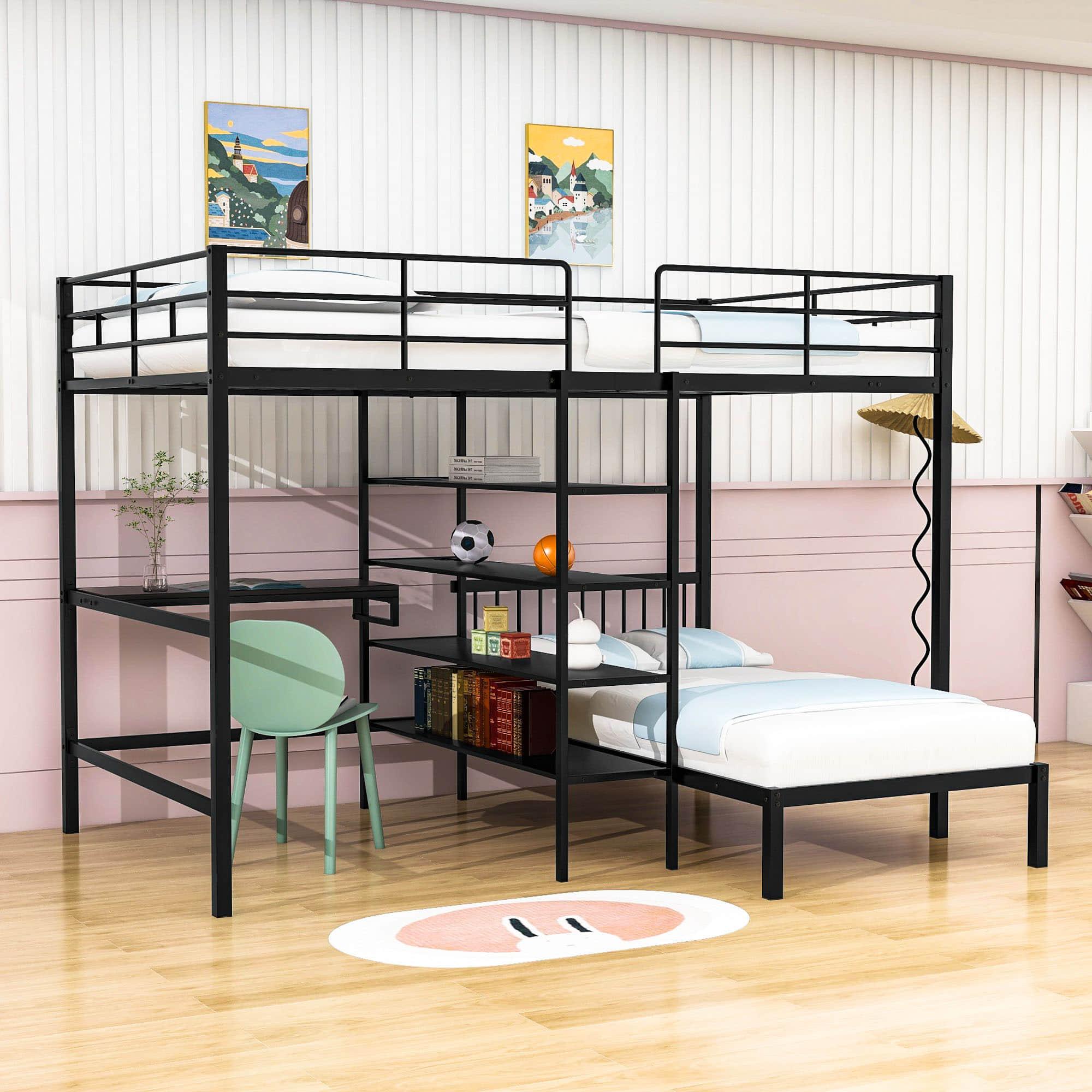 Metal Full Over Twin Bunk Bed with Desk and Storage - [L-Shaped, Shelves]