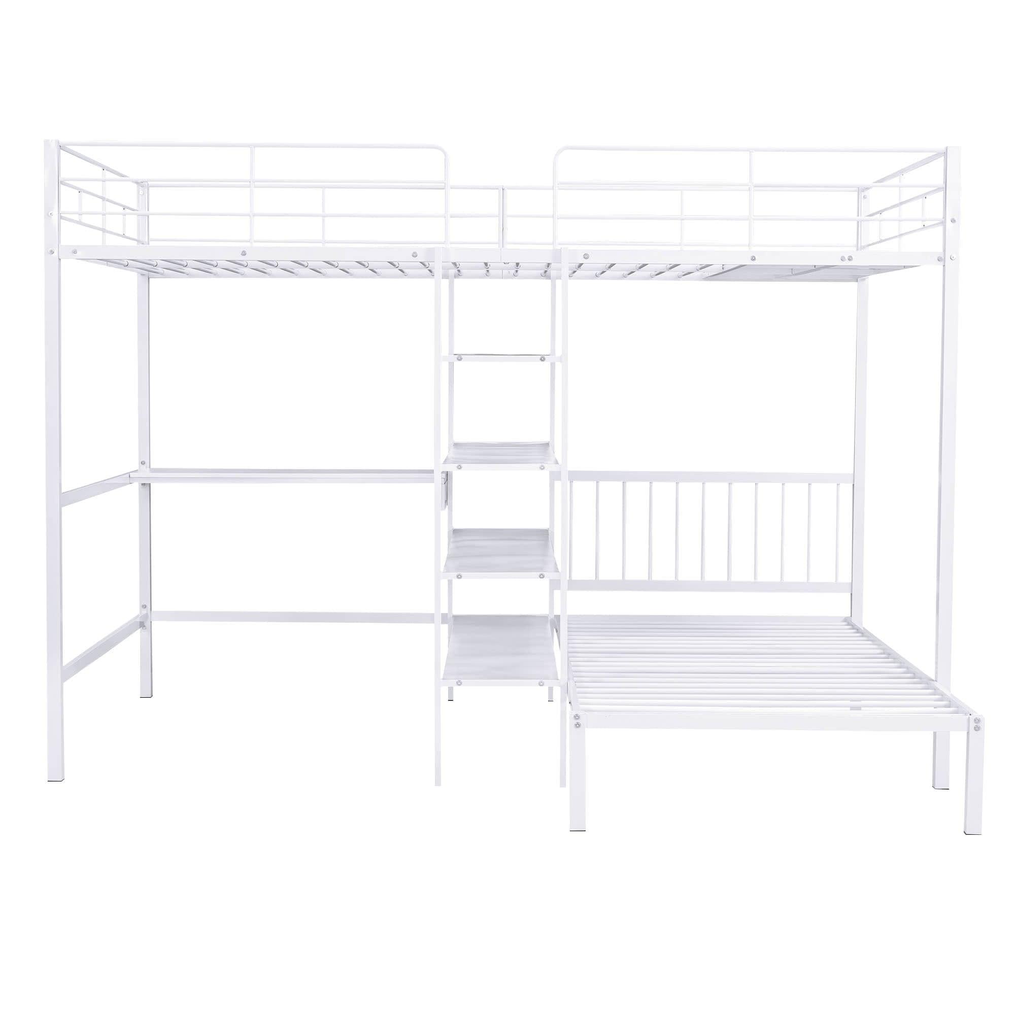 Metal Full Over Twin Bunk Bed with Desk and Storage - [L-Shaped, Shelves]