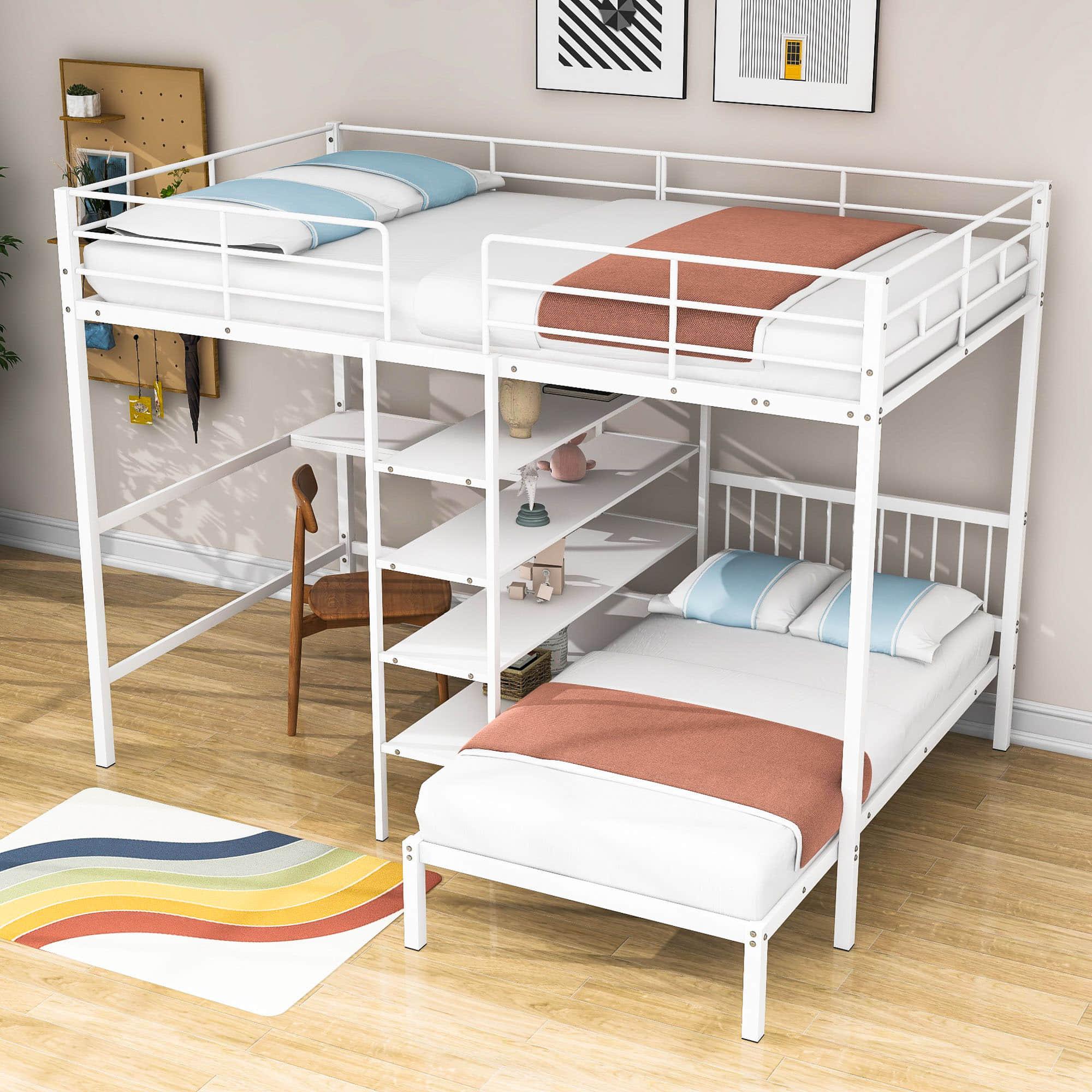 Metal Full Over Twin Bunk Bed with Desk and Storage - [L-Shaped, Shelves]