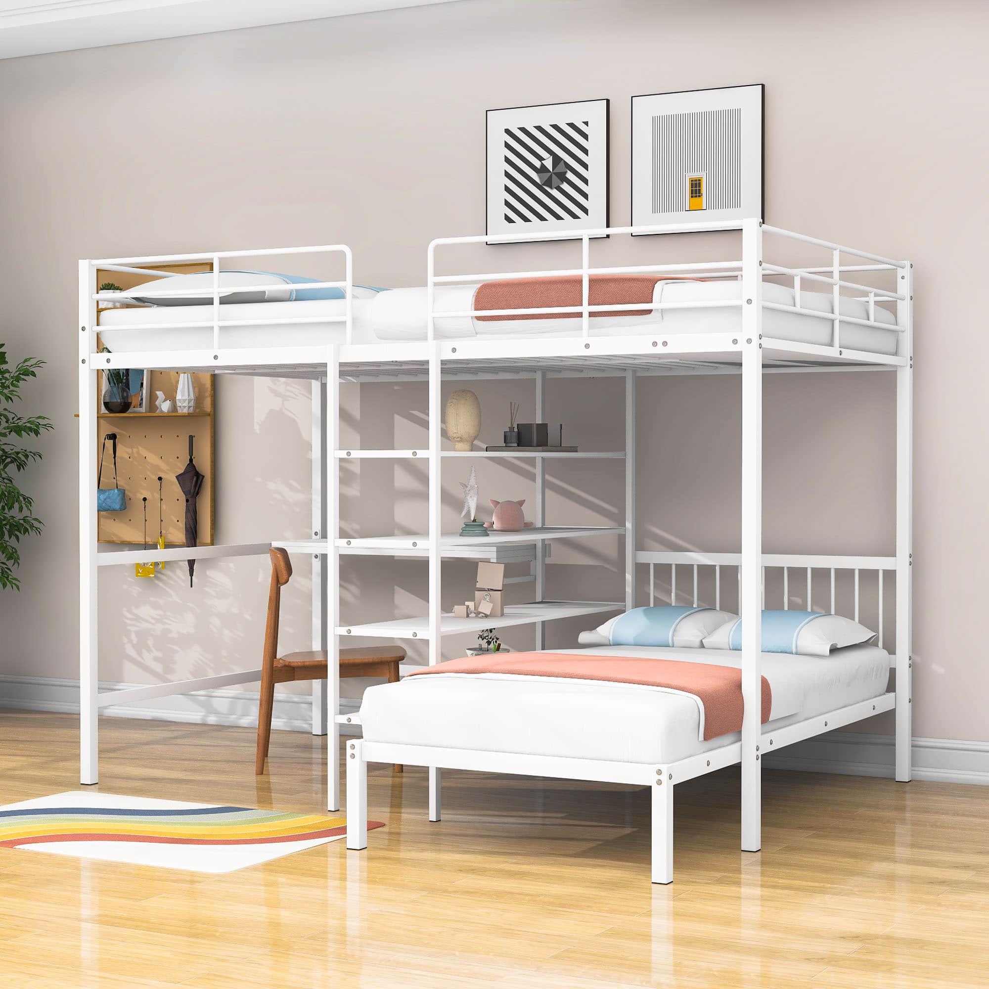 Metal Full Over Twin Bunk Bed with Desk and Storage - [L-Shaped, Shelves]