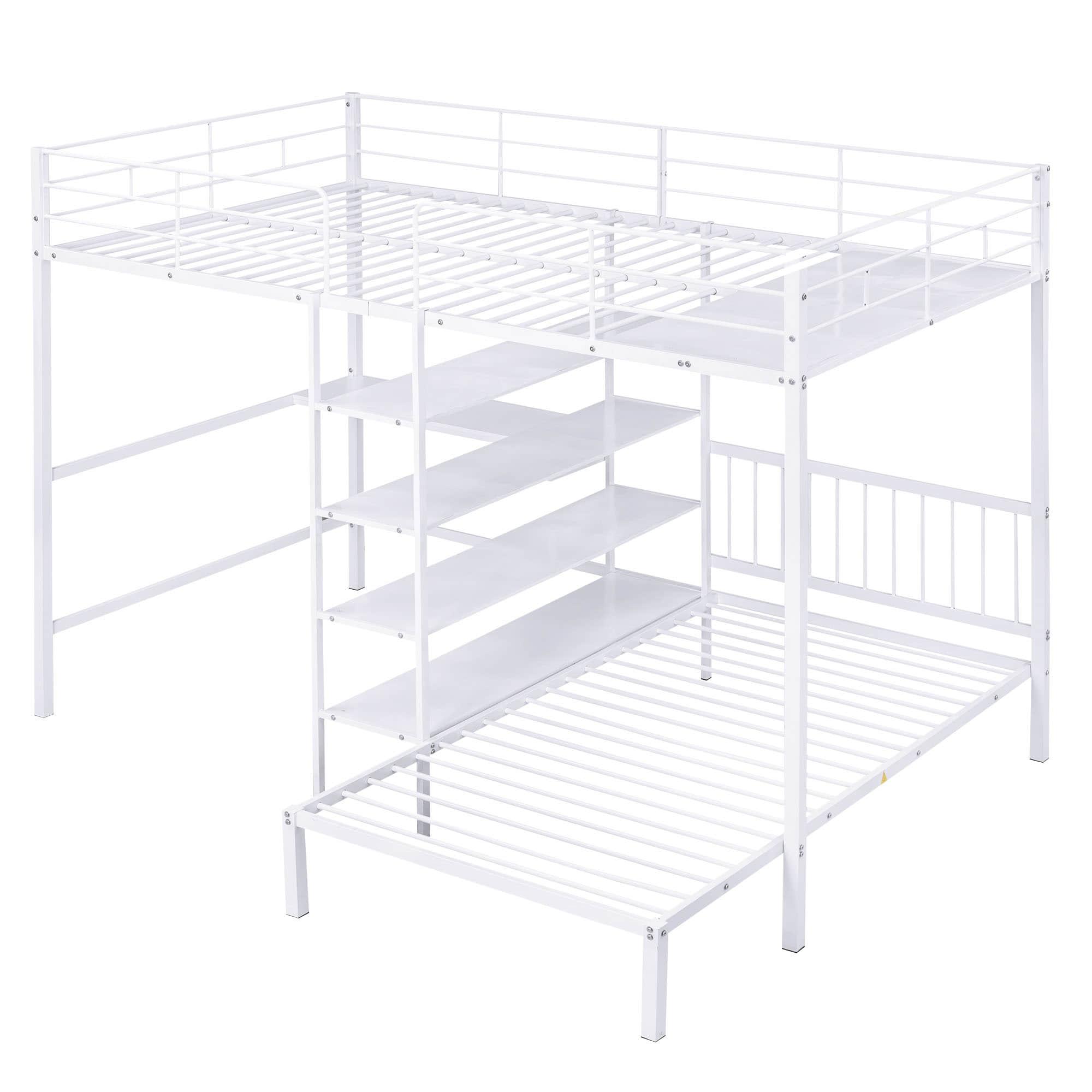 Metal Full Over Twin Bunk Bed with Desk and Storage - [L-Shaped, Shelves]