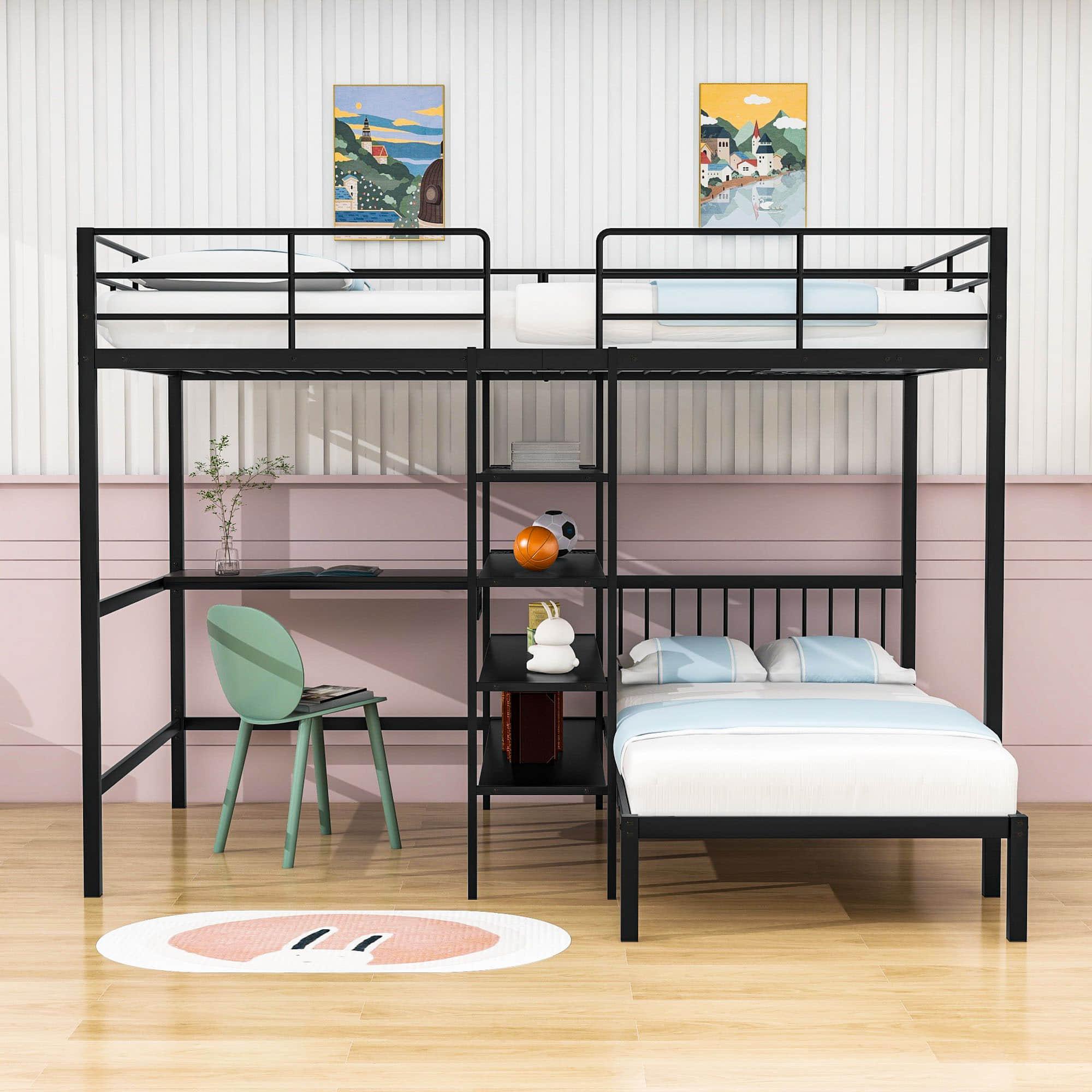 Metal Full Over Twin Bunk Bed with Desk and Storage - [L-Shaped, Shelves]