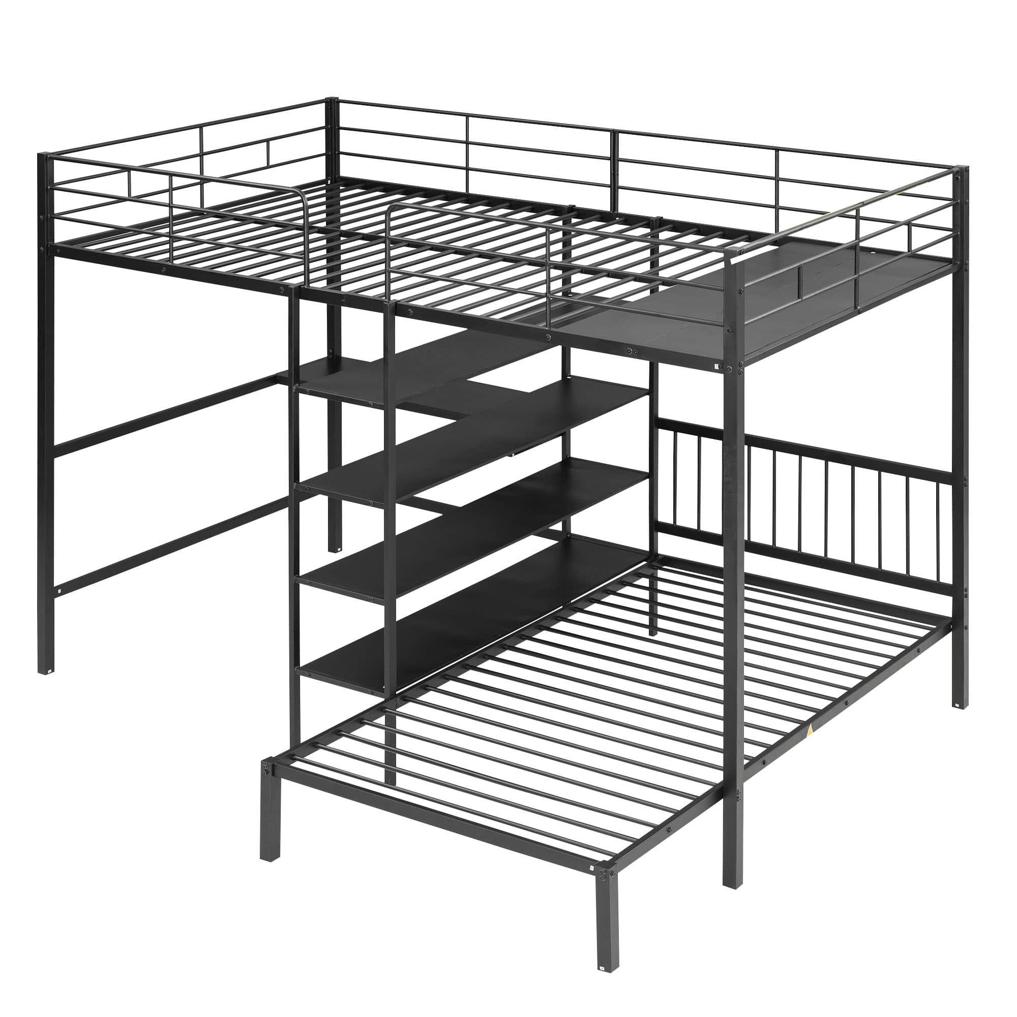 Metal Full Over Twin Bunk Bed with Desk and Storage - [L-Shaped, Shelves]