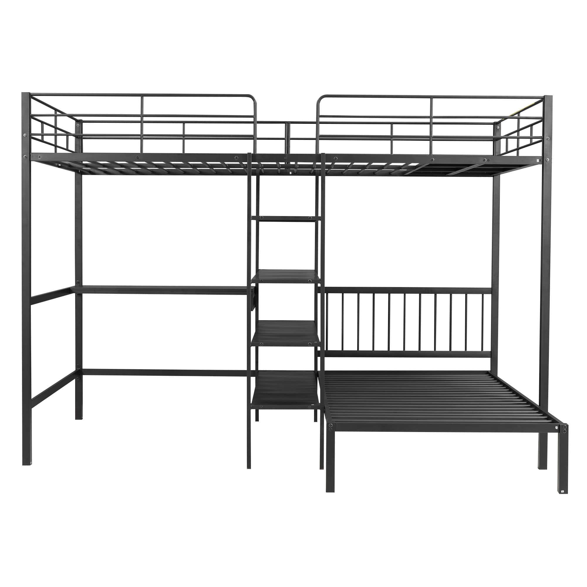 Metal Full Over Twin Bunk Bed with Desk and Storage - [L-Shaped, Shelves]