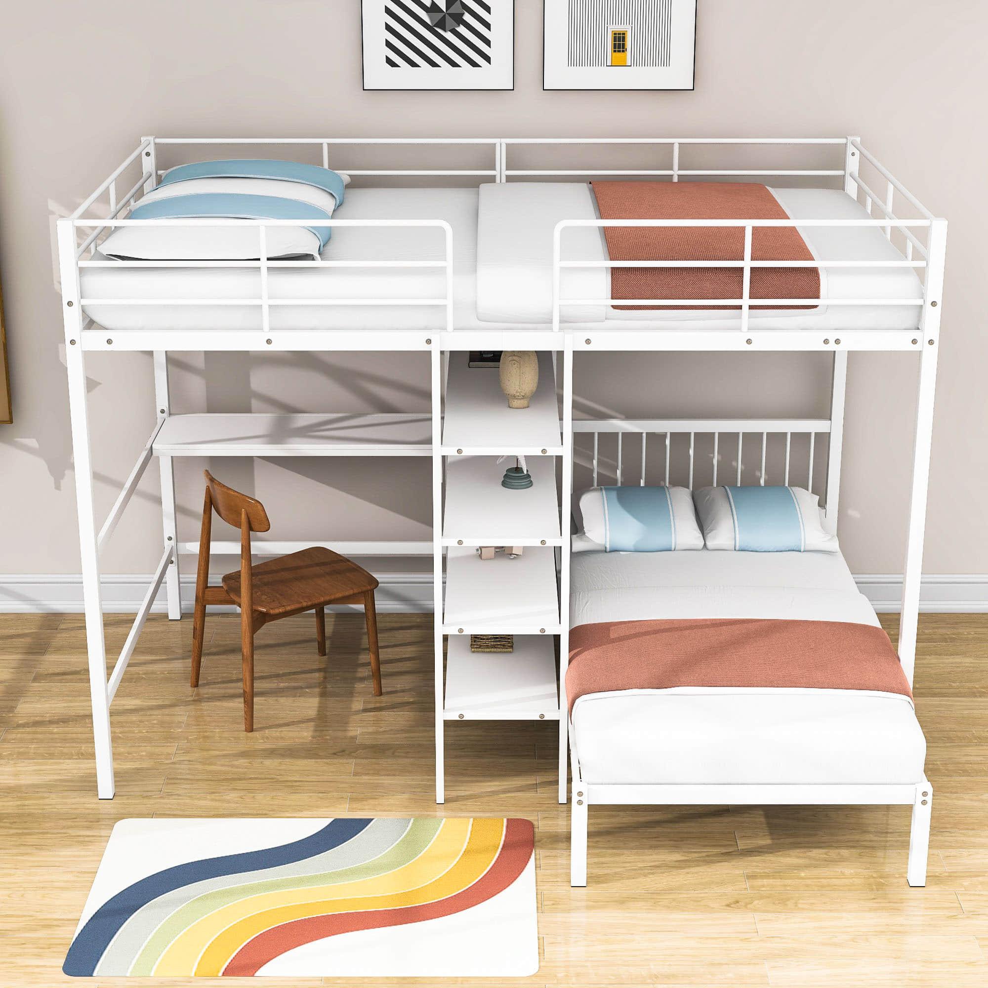 Metal Full Over Twin Bunk Bed with Desk and Storage - [L-Shaped, Shelves]