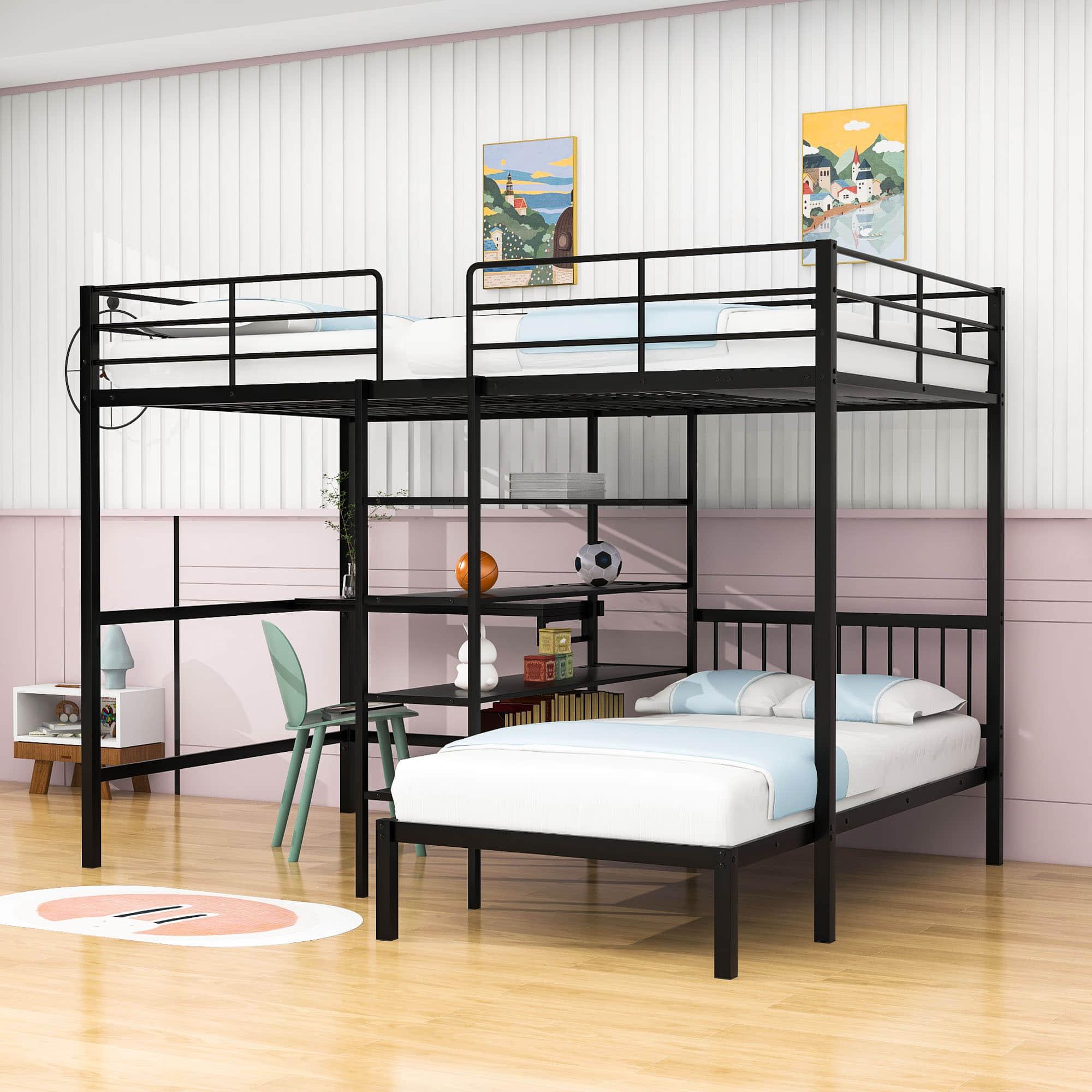 Metal Full Over Twin Bunk Bed with Desk and Storage - [L-Shaped, Shelves]