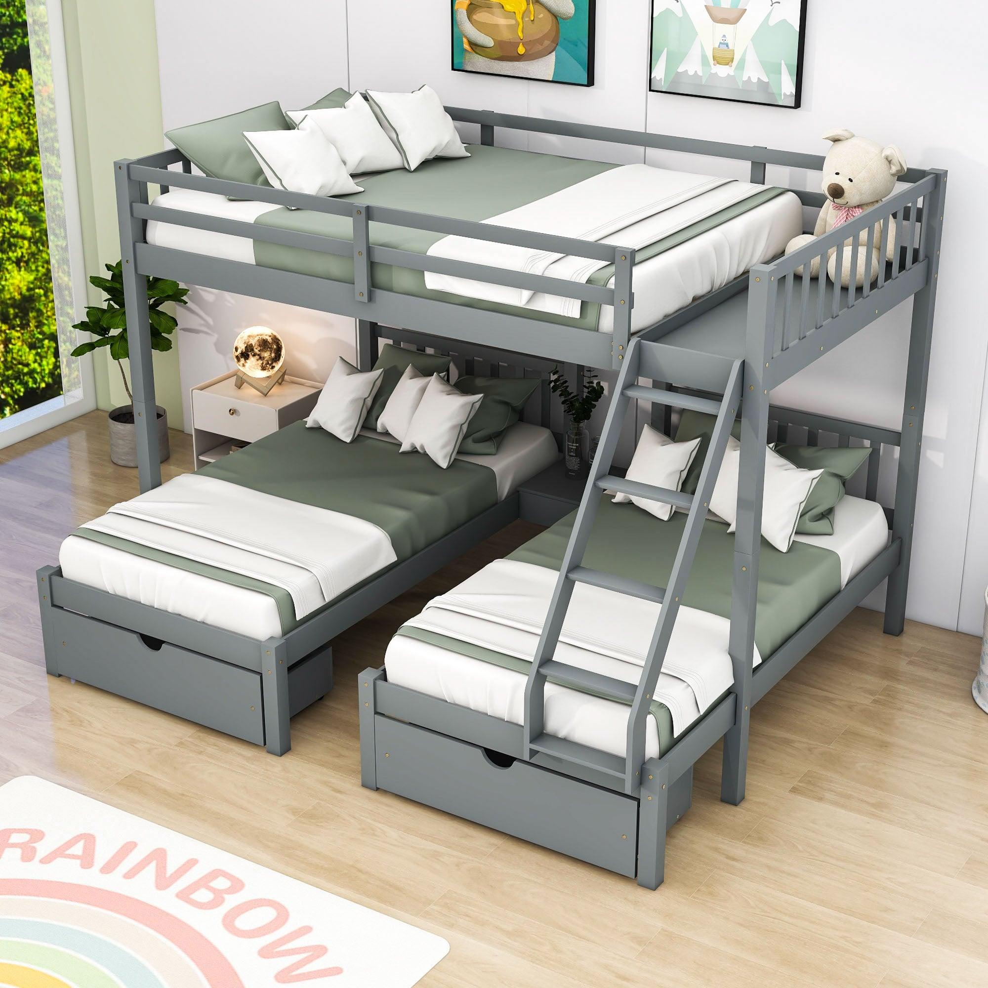 Full Over Twin & Twin Triple Bunk Beds with Storage - Drawers, Table, Wood