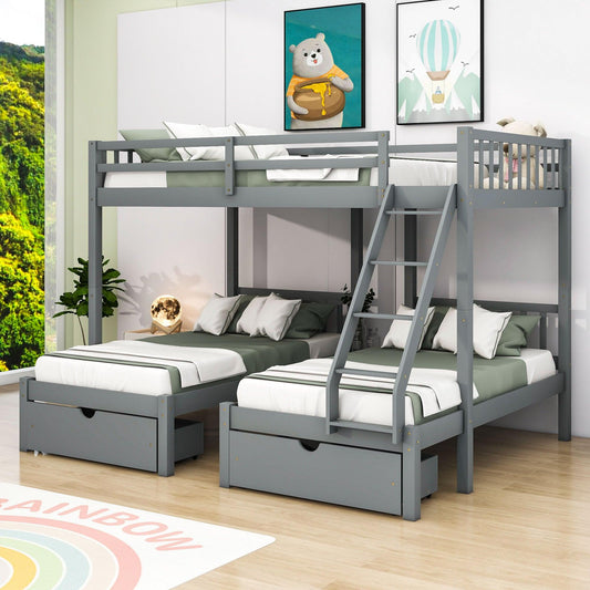 Full Over Twin & Twin Triple Bunk Beds with Storage - Drawers, Table, Wood