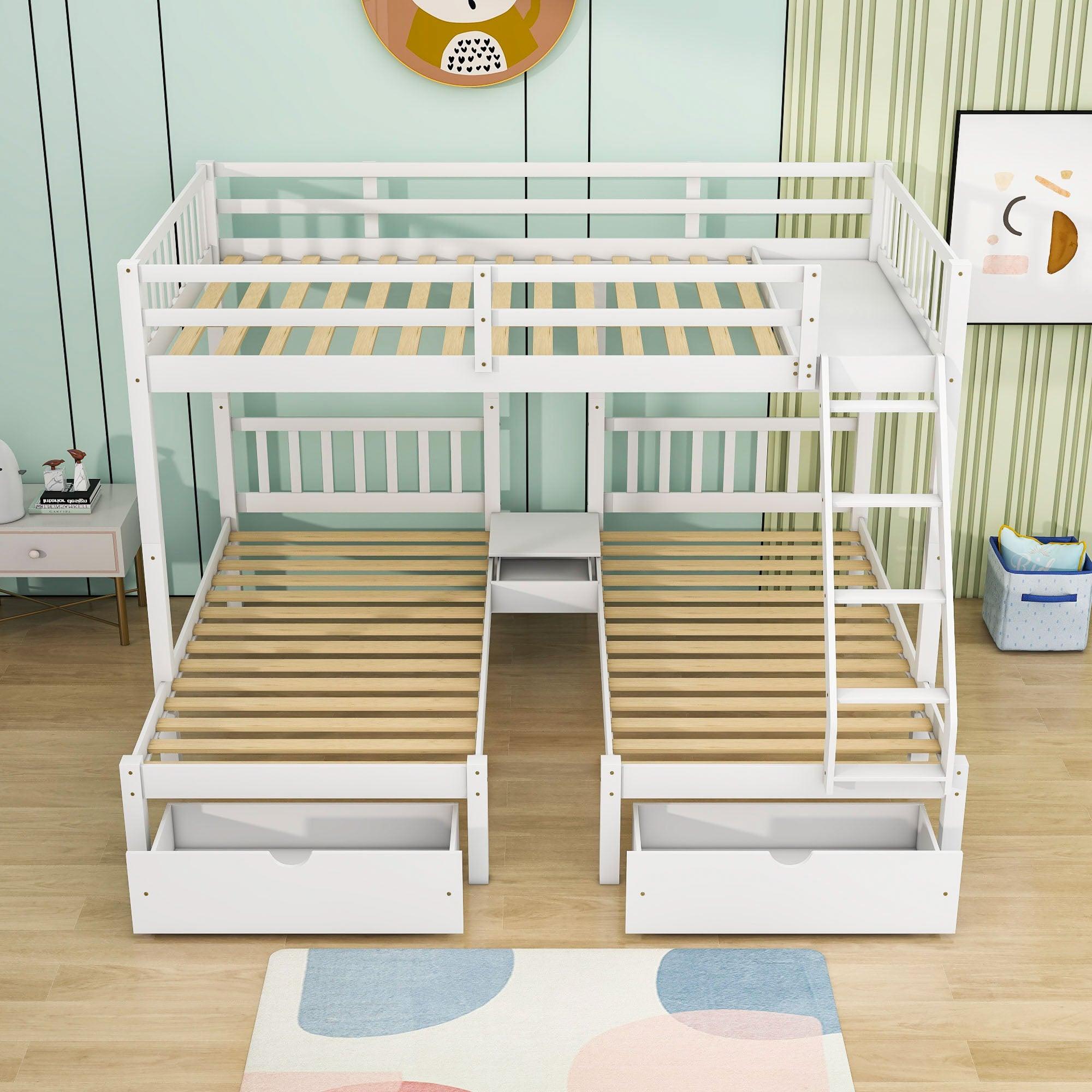 Full Over Twin & Twin Triple Bunk Beds with Storage - Drawers, Table, Wood