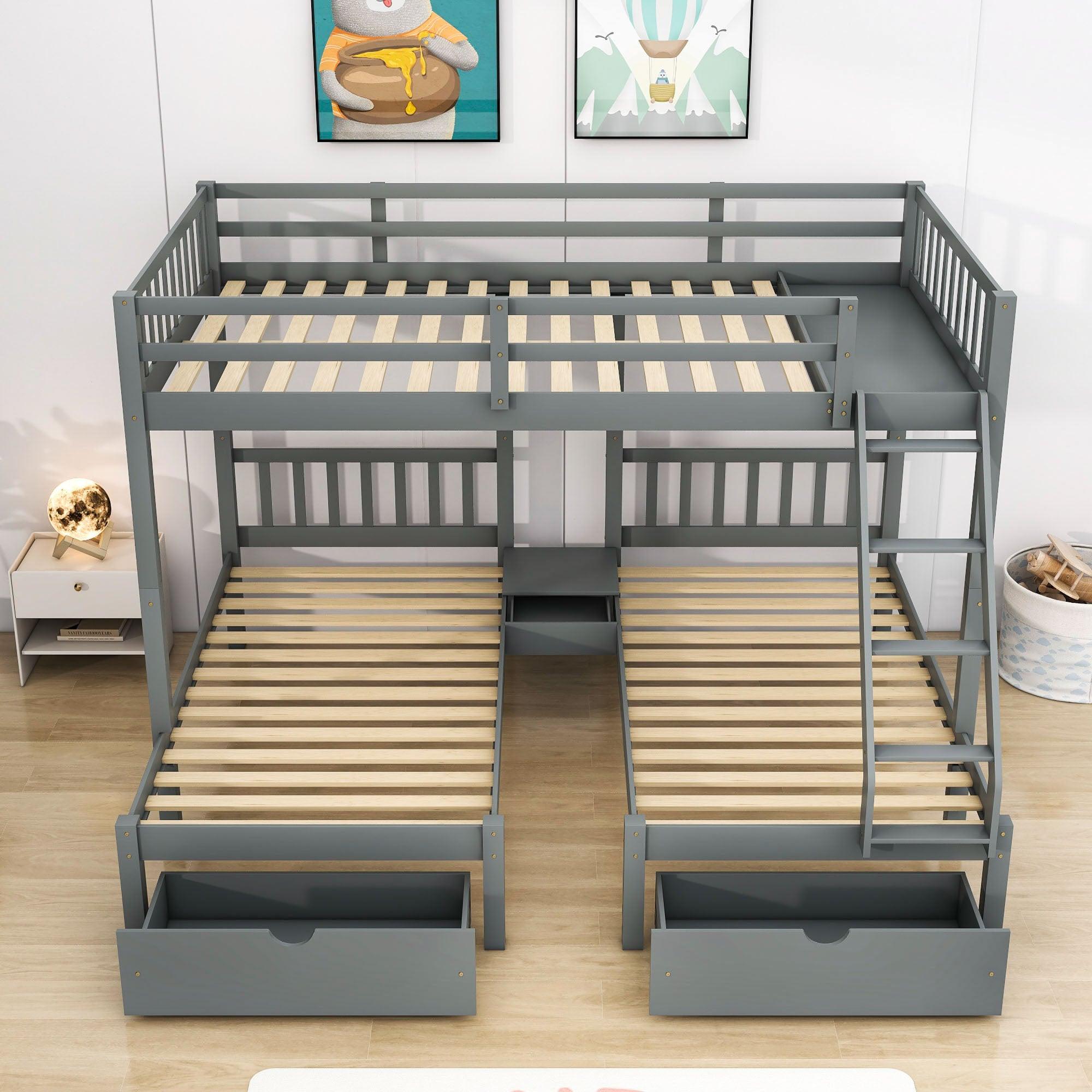 Full Over Twin & Twin Triple Bunk Beds with Storage - Drawers, Table, Wood