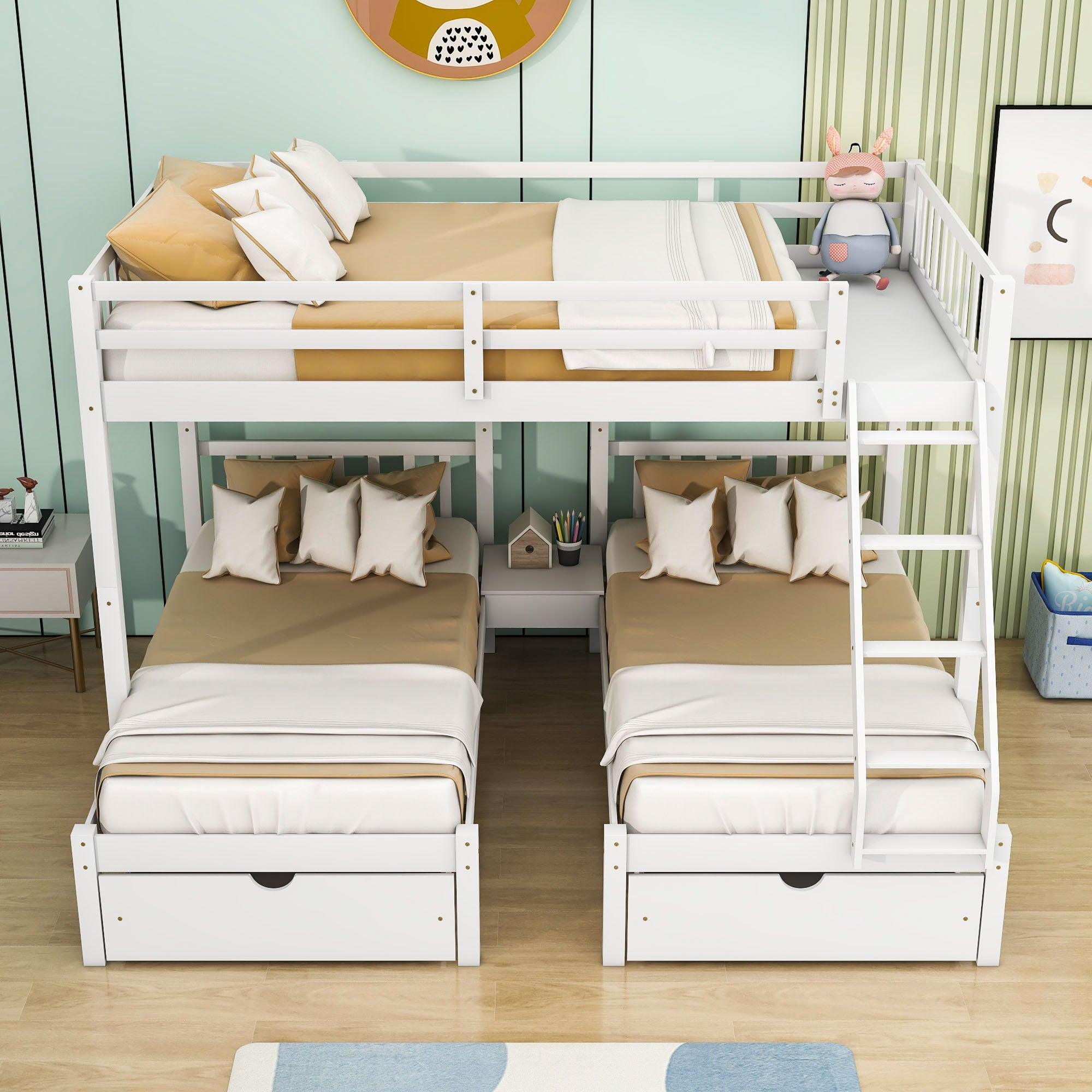 Full Over Twin & Twin Triple Bunk Beds with Storage - Drawers, Table, Wood