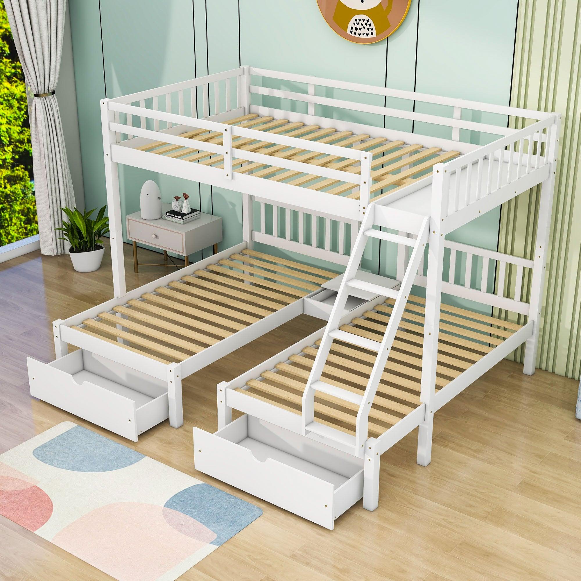 Full Over Twin & Twin Triple Bunk Beds with Storage - Drawers, Table, Wood