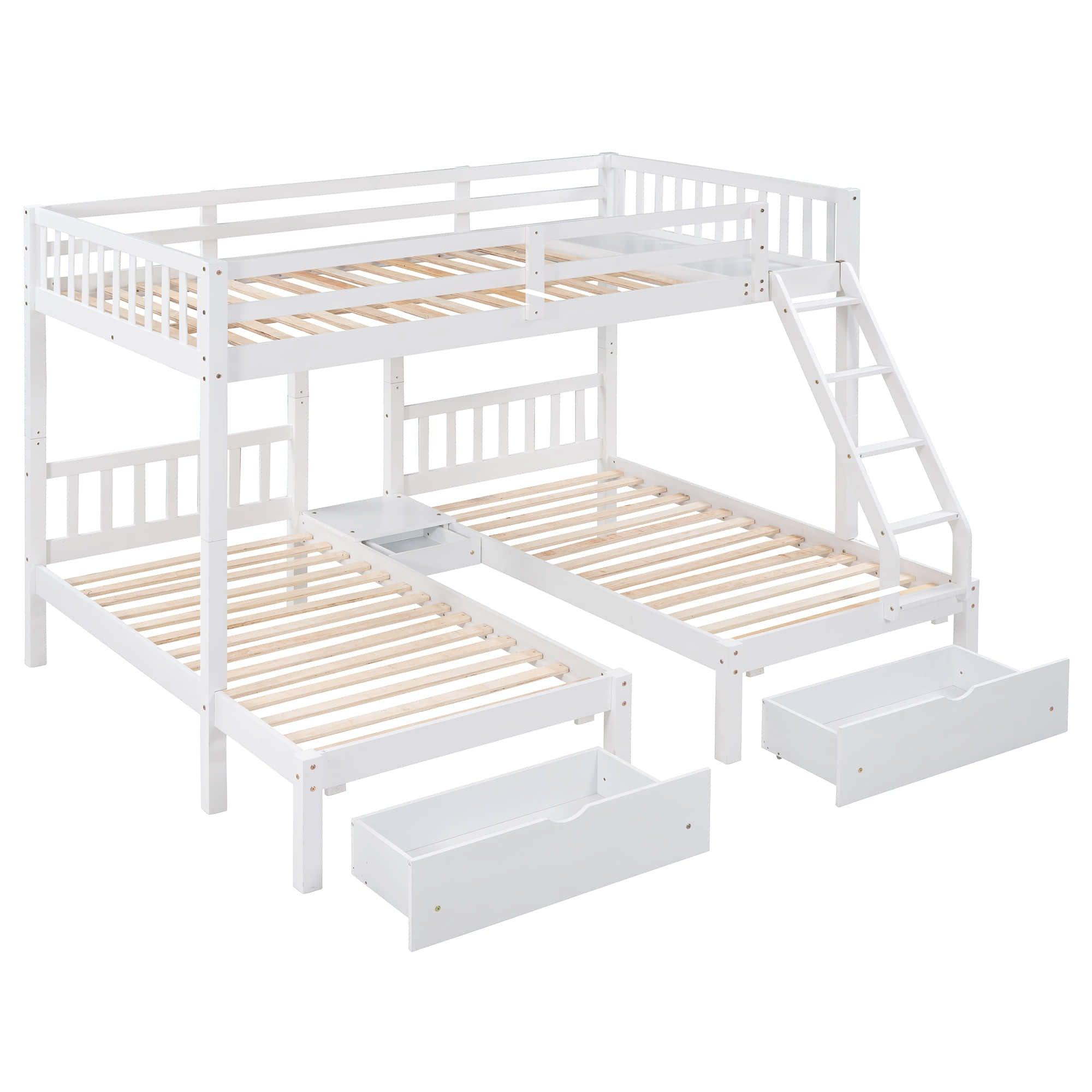 Full Over Twin & Twin Triple Bunk Beds with Storage - Drawers, Table, Wood