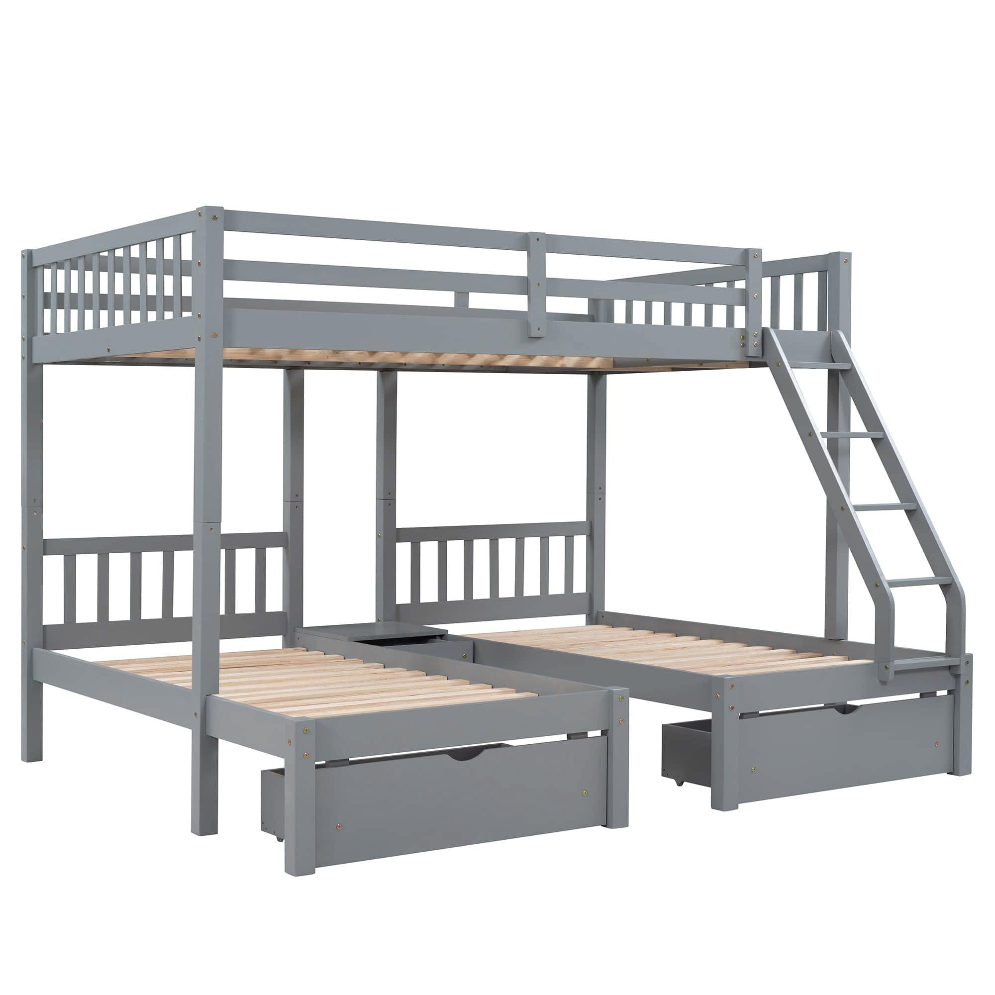 Full Over Twin & Twin Triple Bunk Beds with Storage - Drawers, Table, Wood