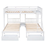 Full Over Twin & Twin Triple Bunk Beds with Storage - Drawers, Table, Wood