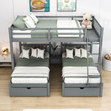 Full Over Twin & Twin Triple Bunk Beds with Storage - Drawers, Table, Wood