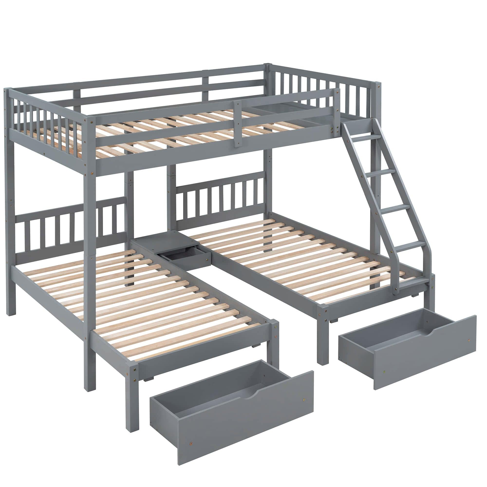 Full Over Twin & Twin Triple Bunk Beds with Storage - Drawers, Table, Wood