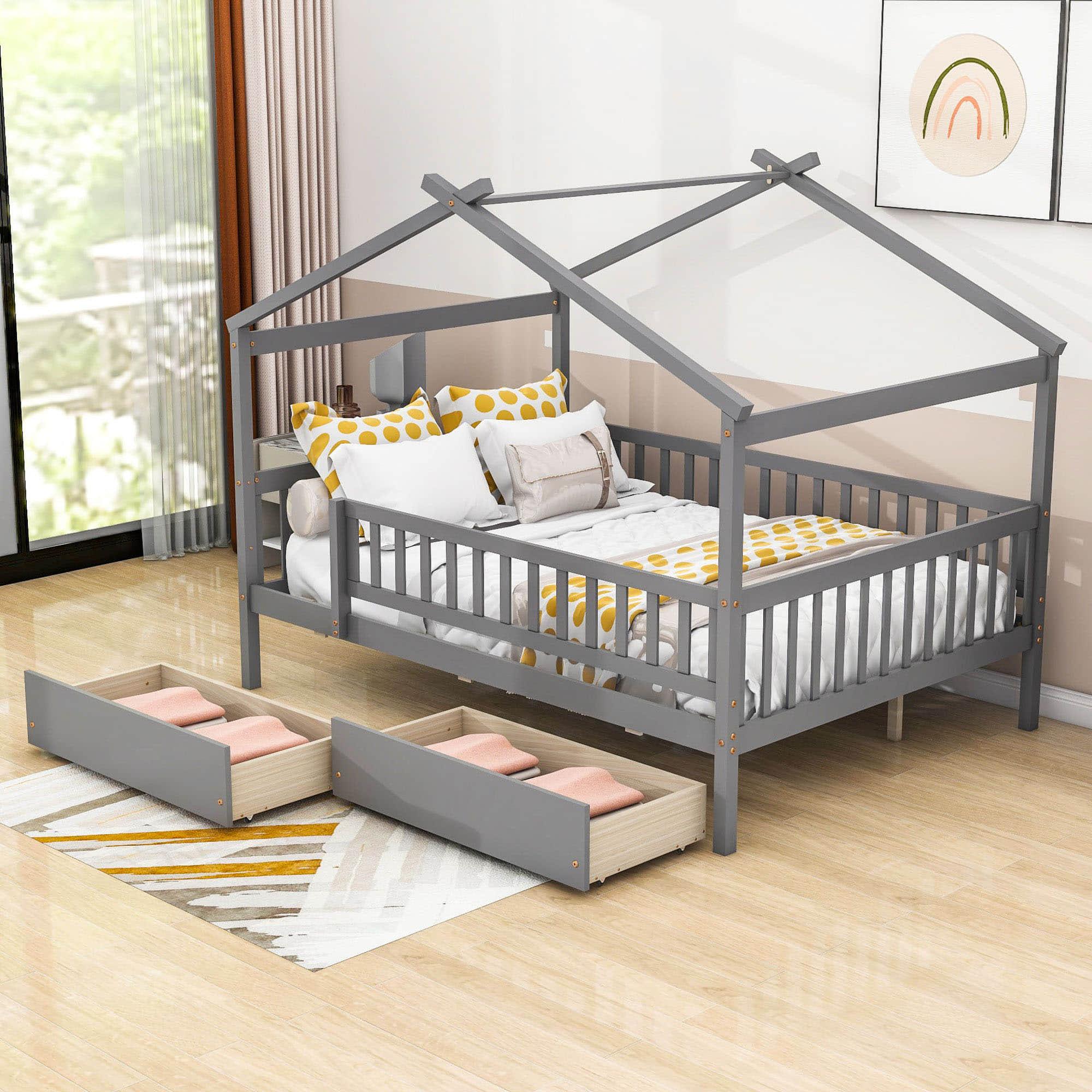 Full Size Wood House Toddler Bed Frame with Rails and Storage