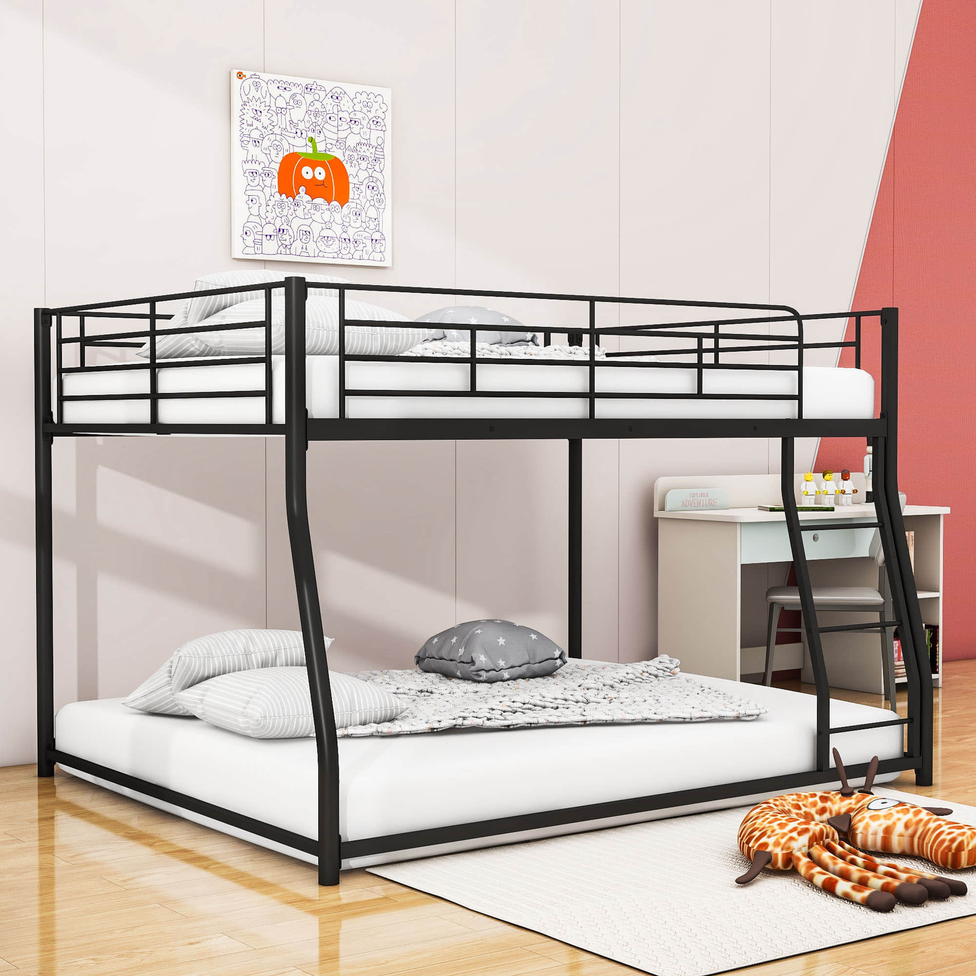 Full XL Over Queen Metal Floor Loft Bunk Beds with Ladder for Adults