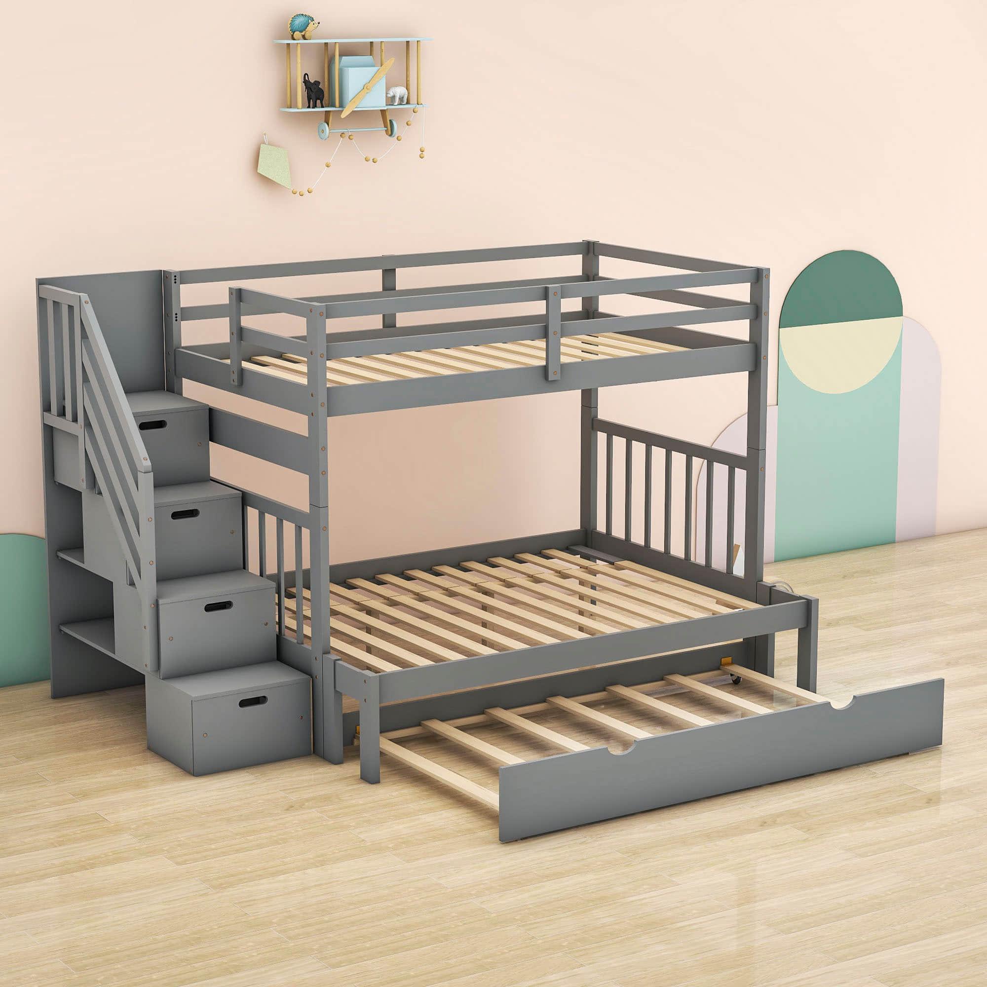 Wood Twin Over Twin / Full Bunk Bed with Trundle and Storage - [Shelves, Drawers, Stairs]