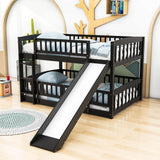 Full Over Full Low Bunk Beds with Slide and Fence - [Interchangeable Ladder, Floor]