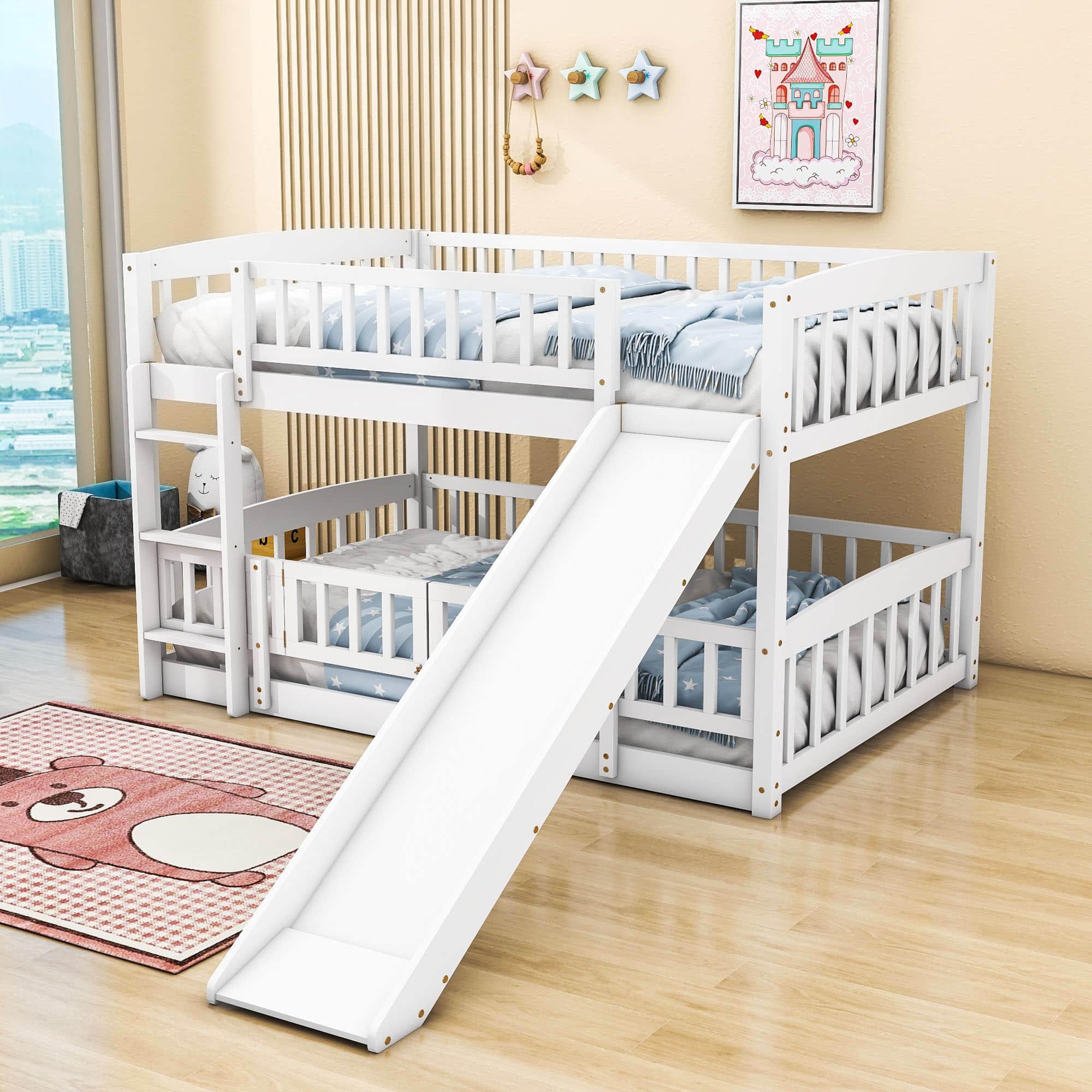 Full Over Full Low Bunk Beds with Slide and Fence - [Interchangeable Ladder, Floor]