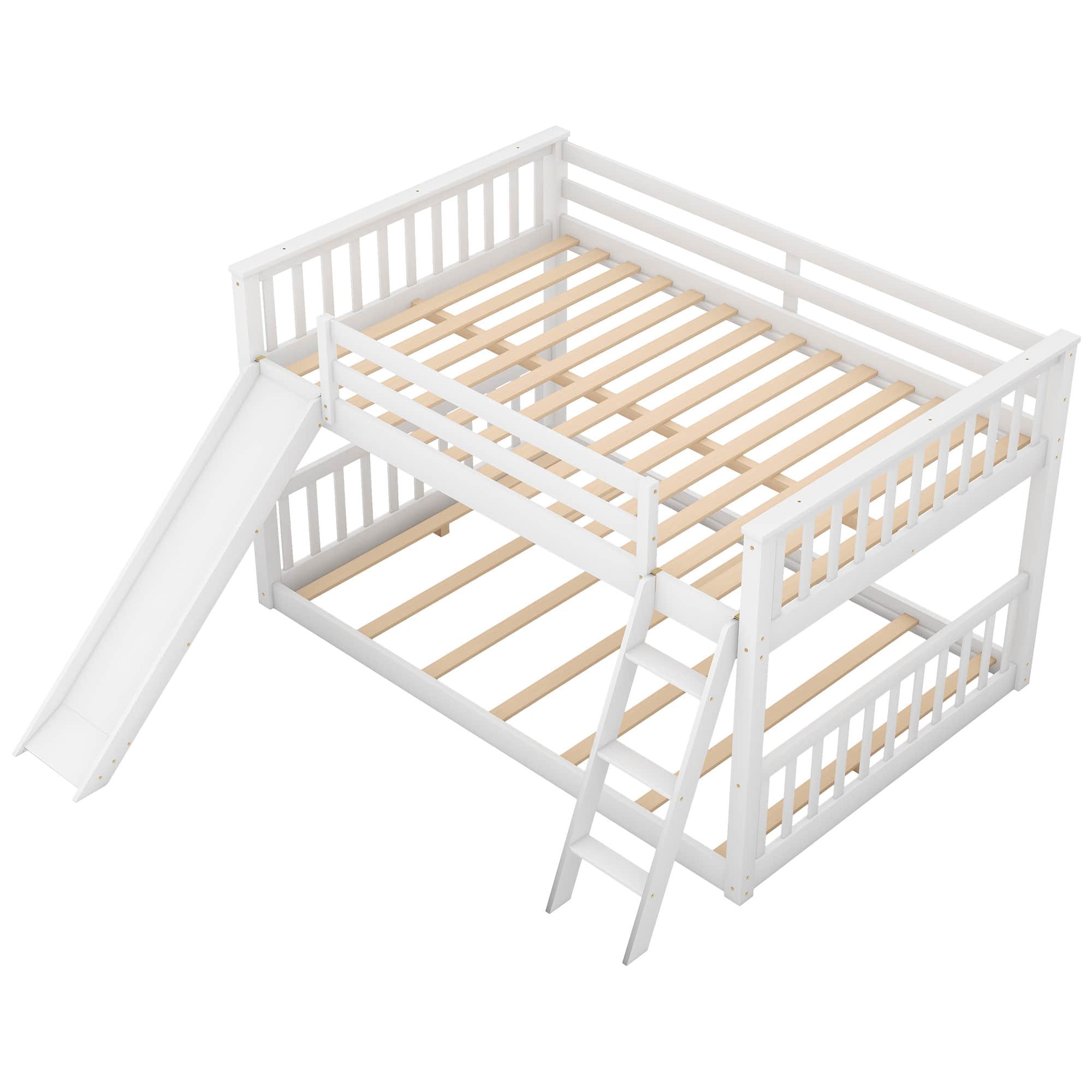 Wood Full over Full Low Bunk Bed with Slide and Ladder - [Convertible, Classic]