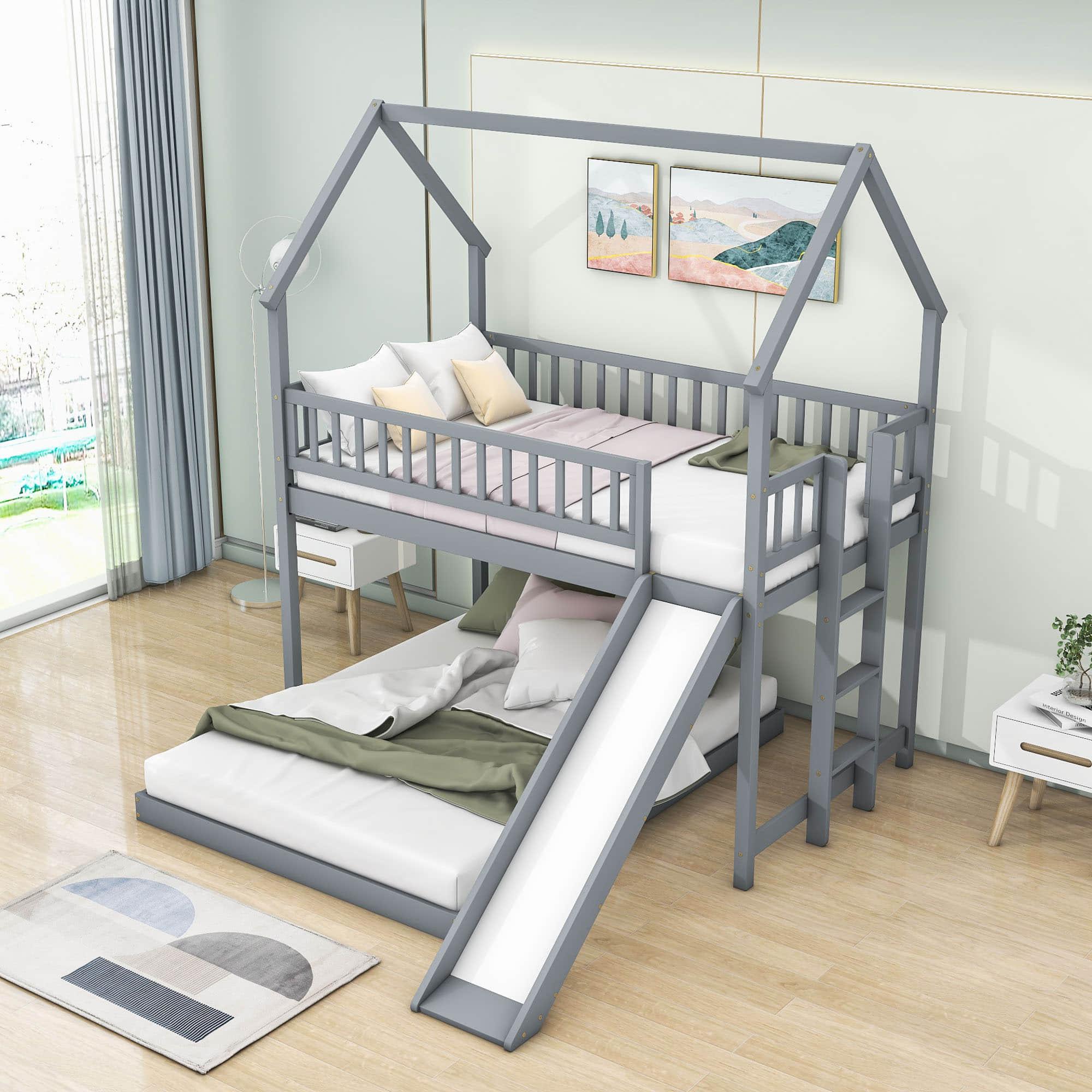 Modern Low Twin Over Full House Bunk Beds with Slide for Kids - [Wooden, Floor, L-Shaped]