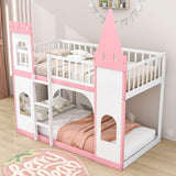 Low Twin Over Twin Bunk Beds for Kids, Girls, Toddler - [Wooden, Castle]